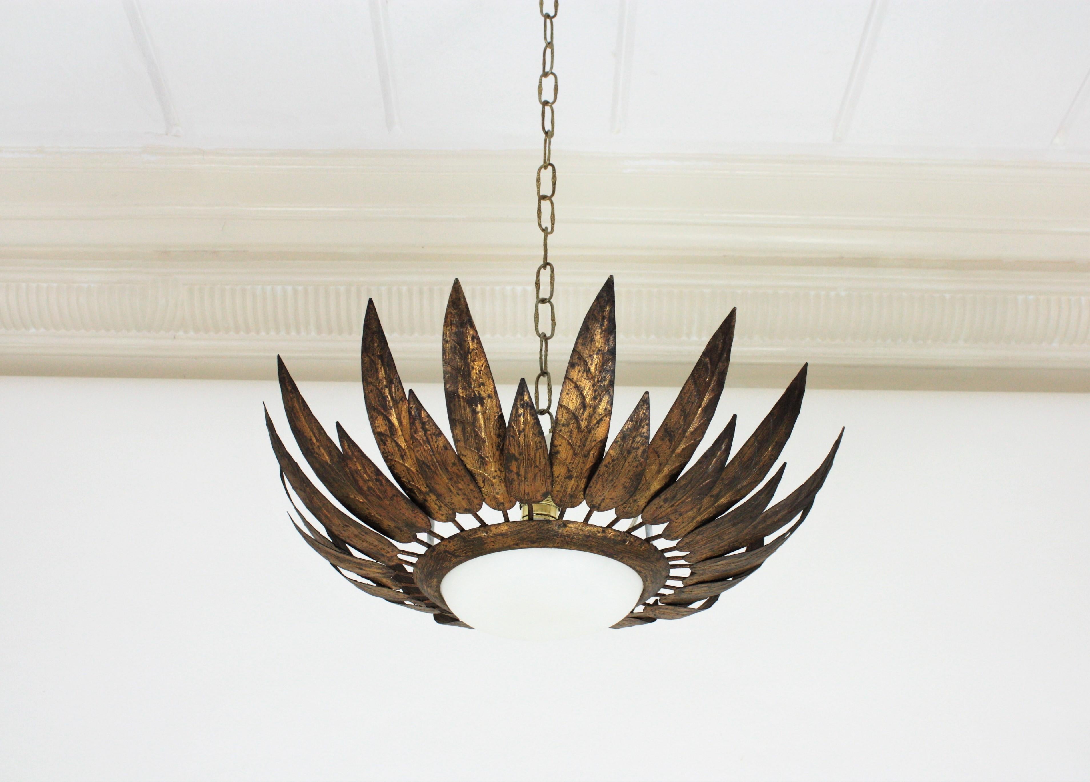 French Sunburst Flush Mount with Feathers Frame in Gilt Iron & Milk Glass, 1950s 6