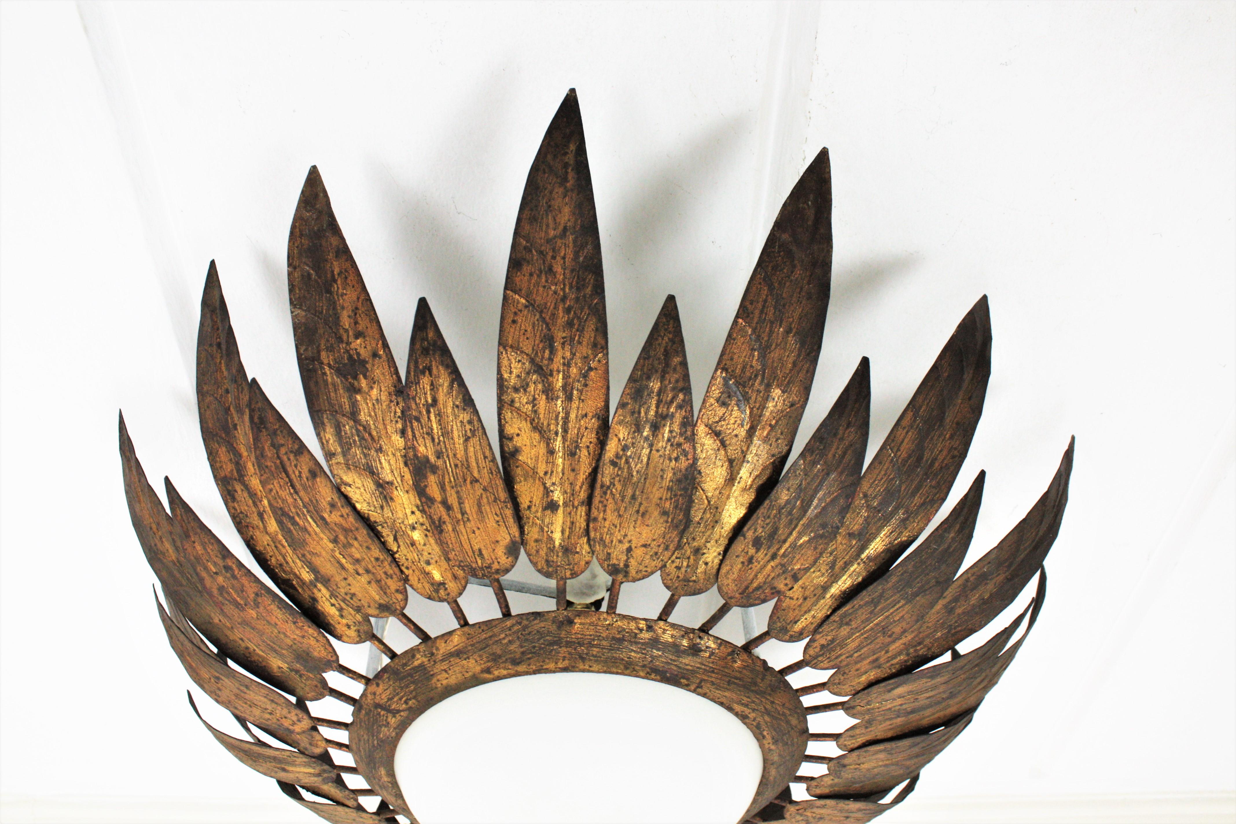 French Sunburst Flush Mount with Feathers Frame in Gilt Iron & Milk Glass, 1950s 2