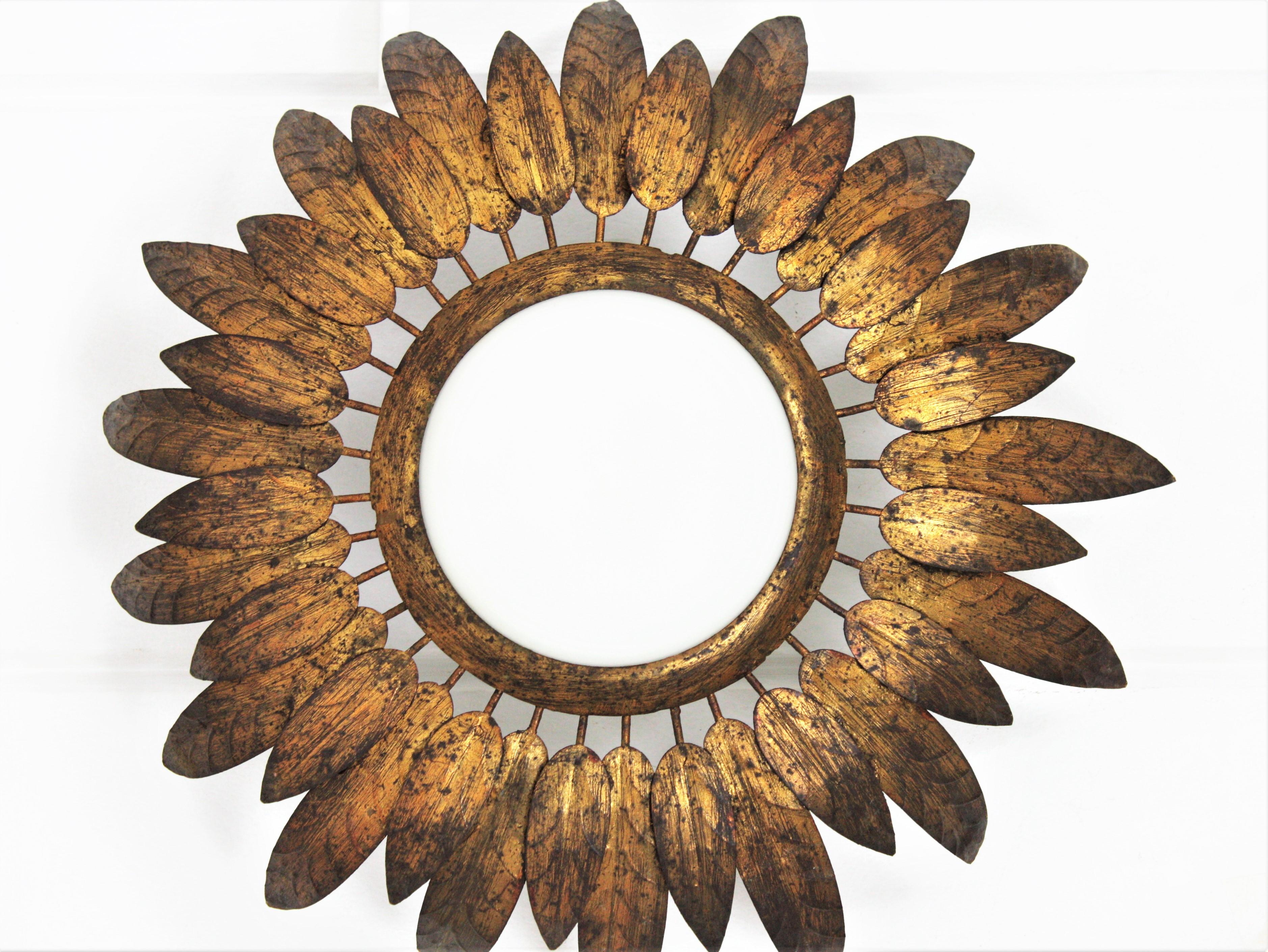 French Sunburst Flush Mount with Feathers Frame in Gilt Iron & Milk Glass, 1950s 3