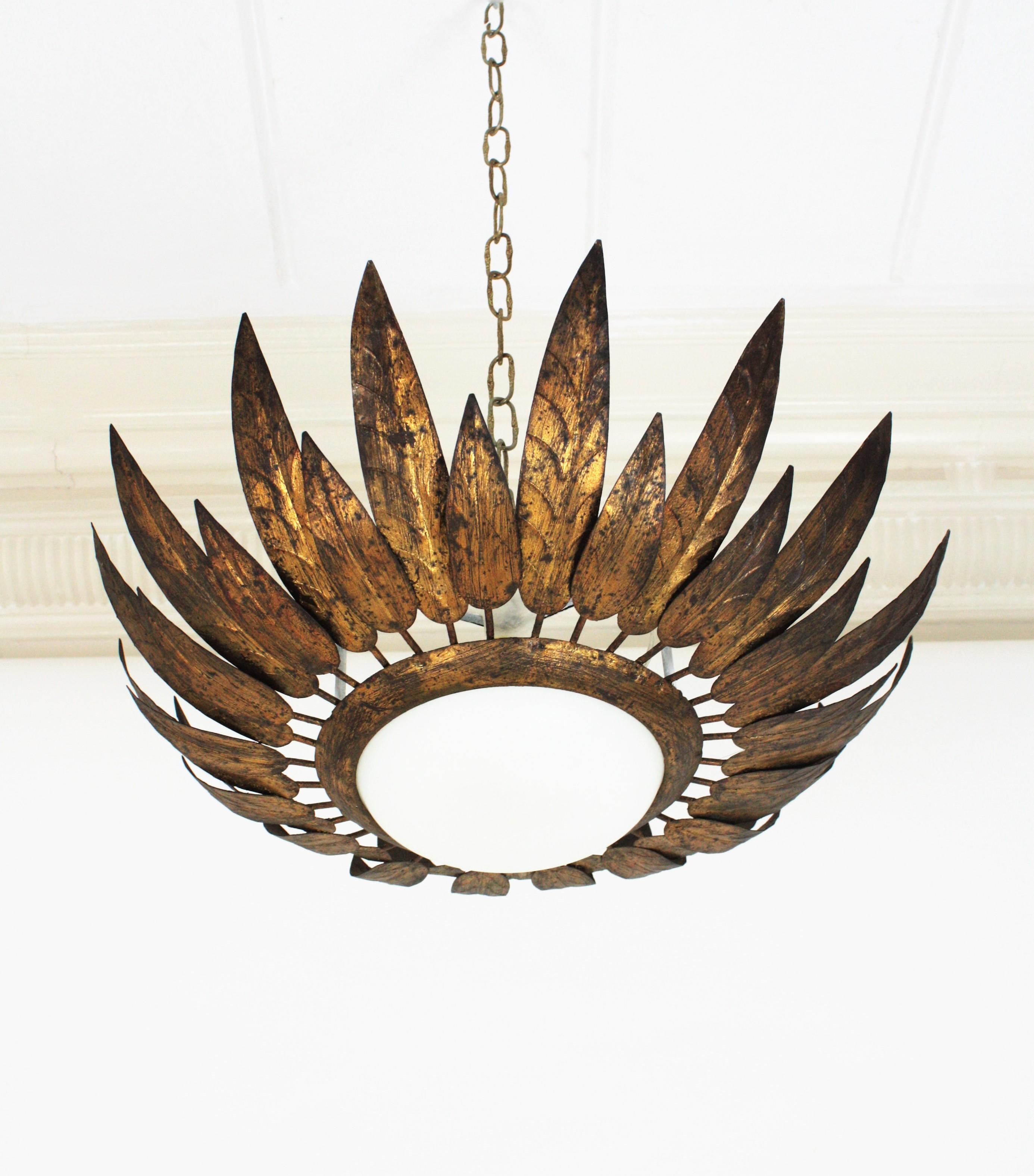 French Sunburst Flush Mount with Feathers Frame in Gilt Iron & Milk Glass, 1950s 4