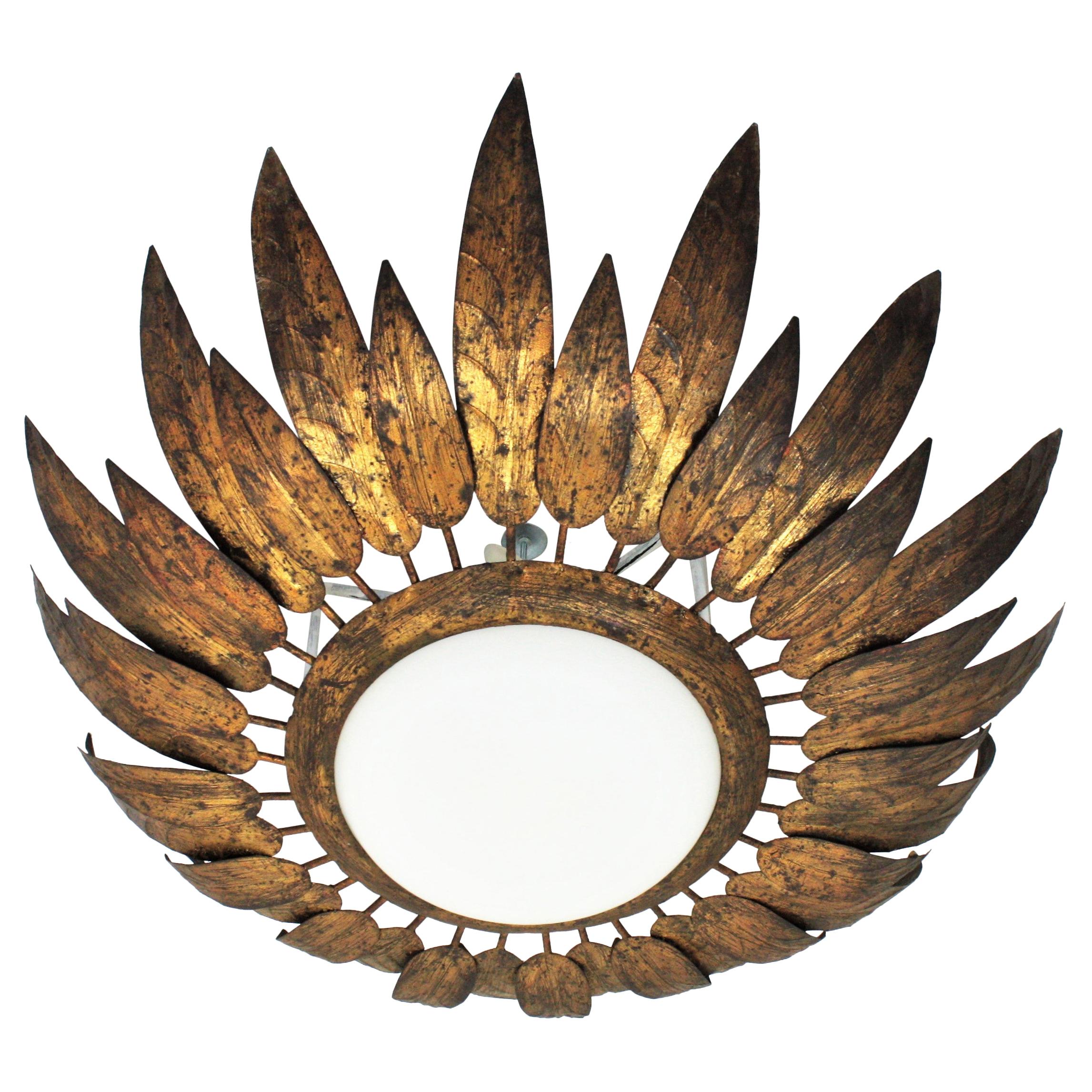 French Sunburst Flush Mount with Feathers Frame in Gilt Iron & Milk Glass, 1950s