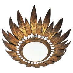 French Sunburst Flush Mount with Feathers Frame in Gilt Iron & Milk Glass, 1950s