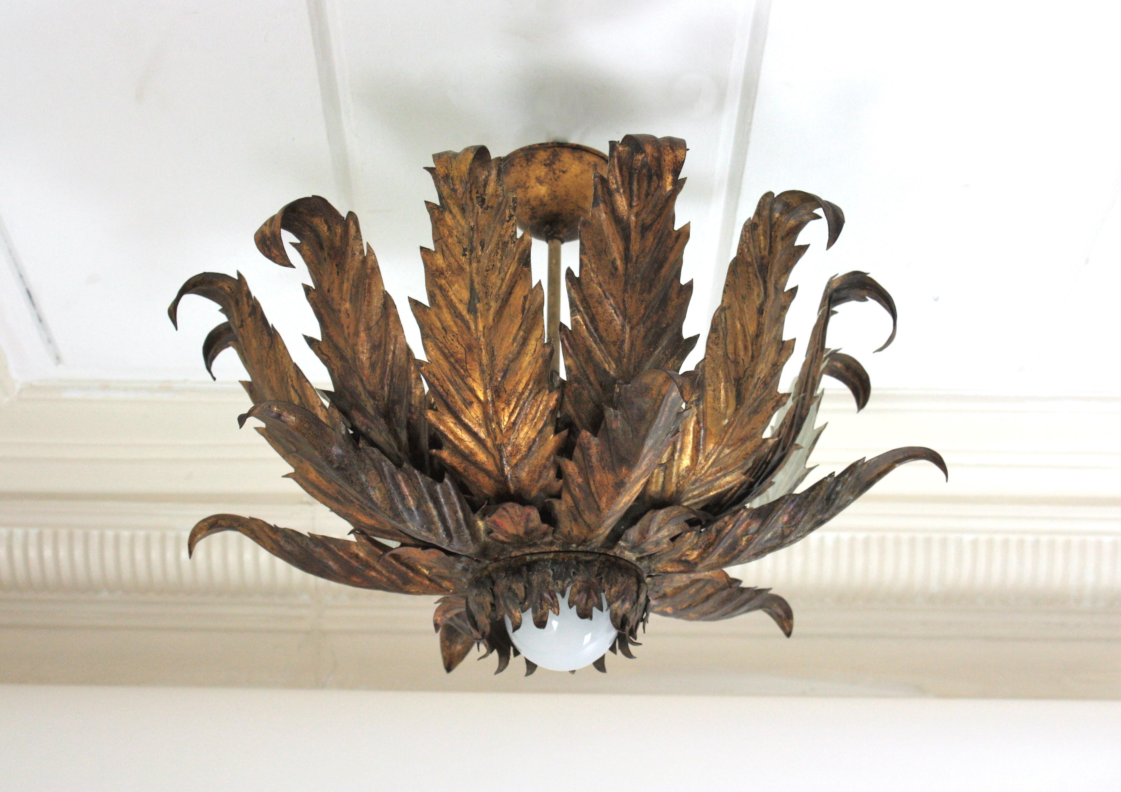 French Sunburst Foliage Ceiling Light Fixture / Chandelier in Gilt Iron, 1940s For Sale 9