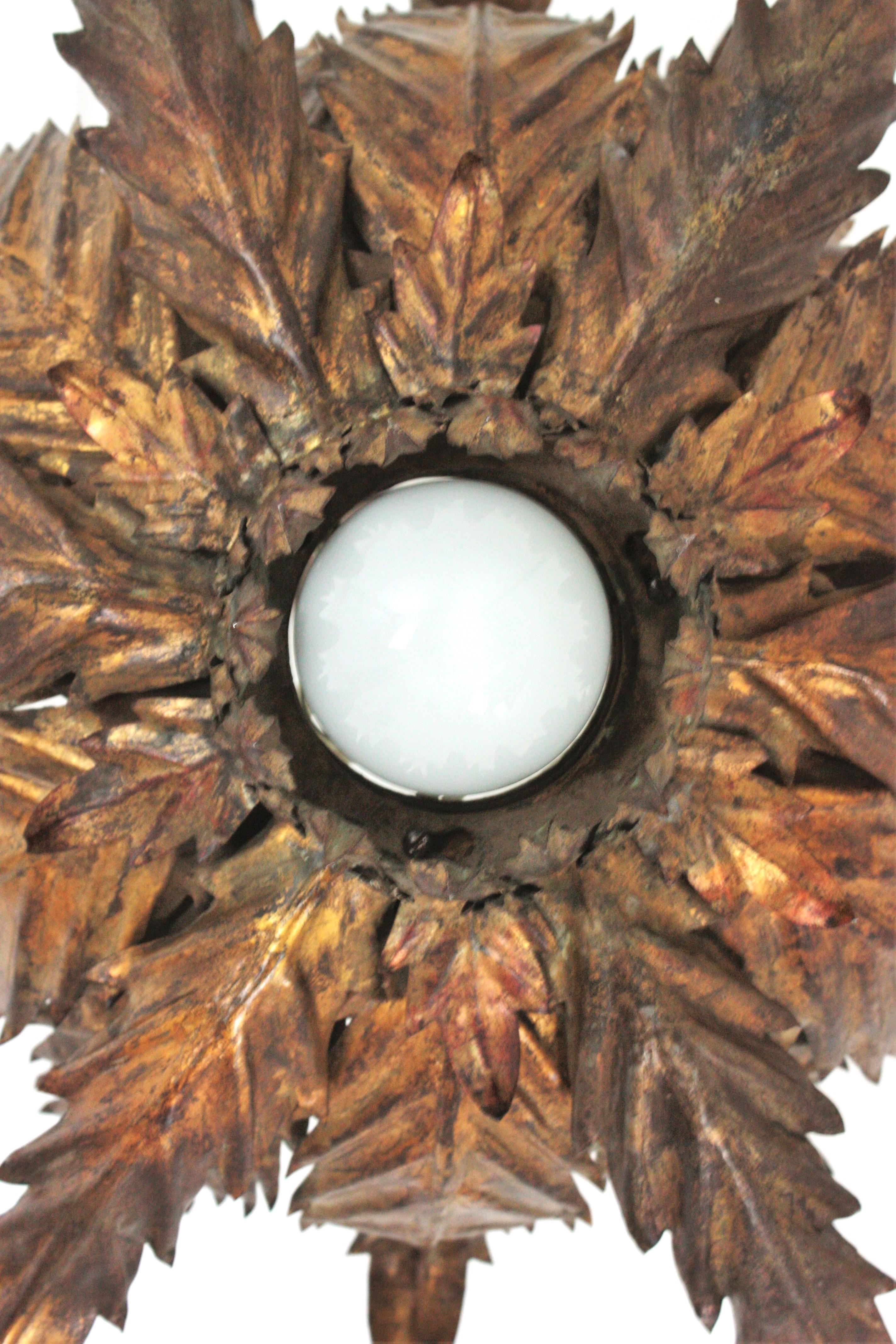 French Sunburst Foliage Ceiling Light Fixture / Chandelier in Gilt Iron, 1940s For Sale 11
