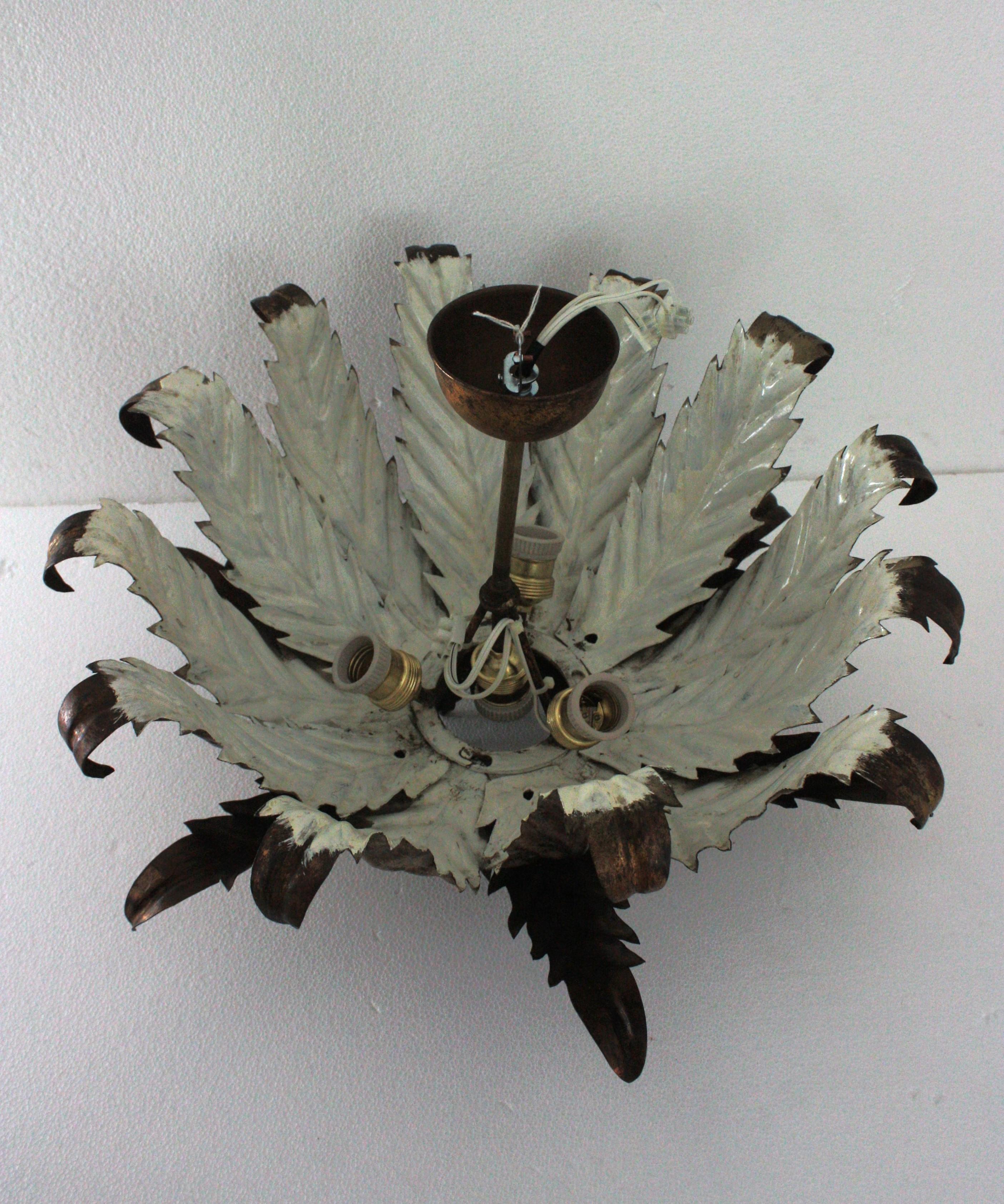 French Sunburst Foliage Ceiling Light Fixture / Chandelier in Gilt Iron, 1940s For Sale 13