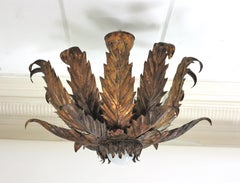 French Sunburst Foliage Ceiling Light Fixture / Chandelier in Gilt Iron, 1940s