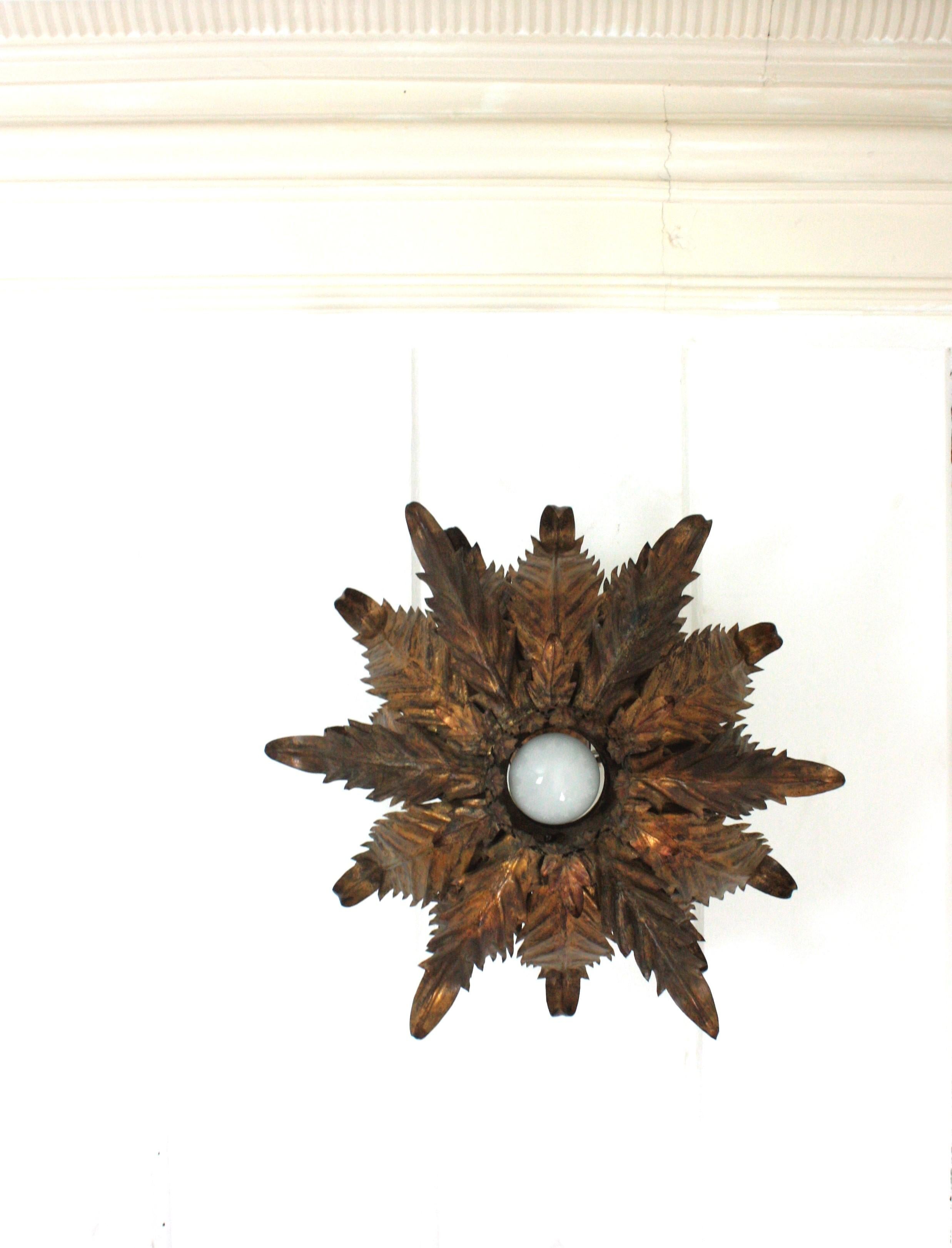Metal French Sunburst Foliage Ceiling Light Fixture / Chandelier in Gilt Iron, 1940s For Sale
