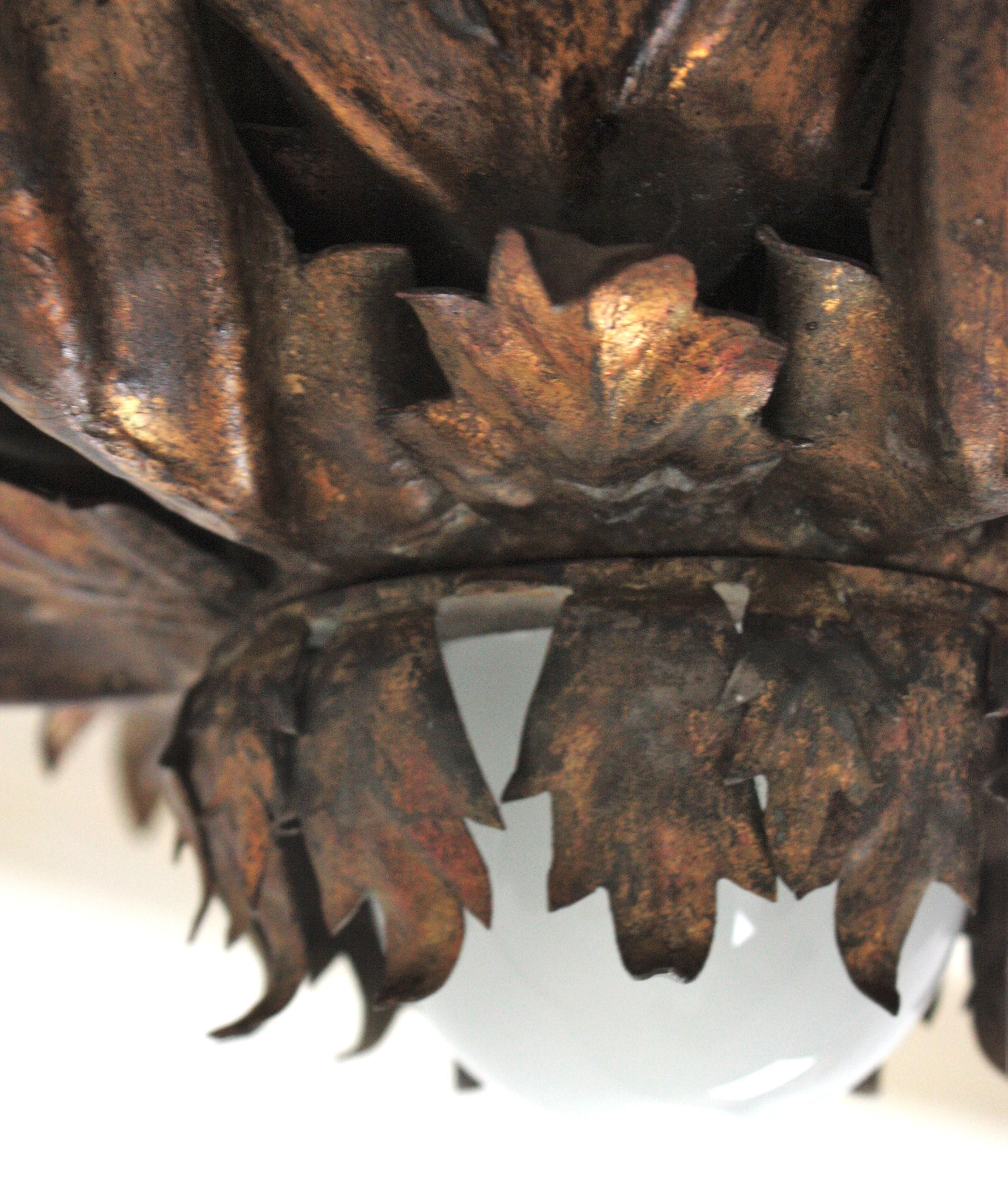 French Sunburst Foliage Ceiling Light Fixture / Chandelier in Gilt Iron, 1940s For Sale 3