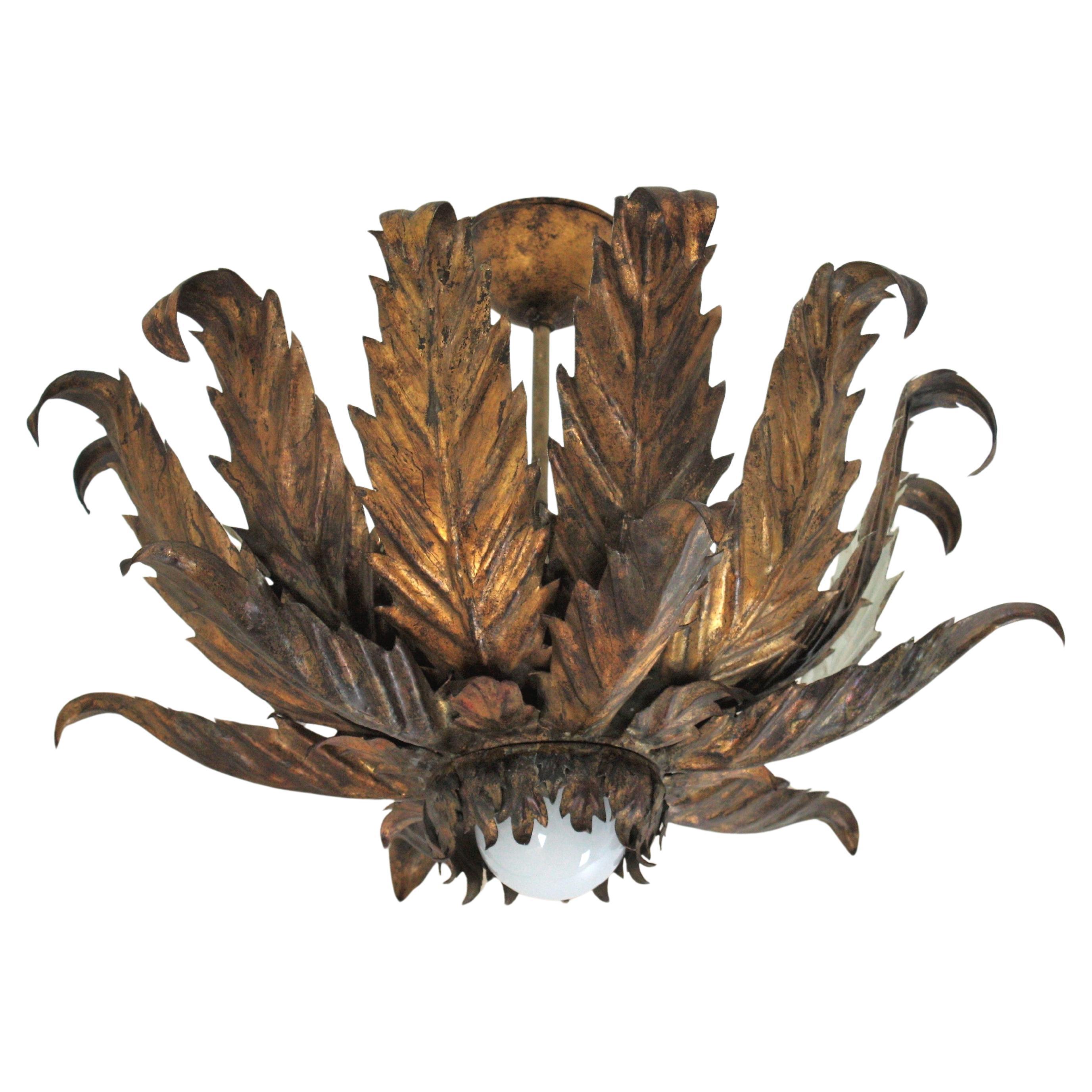 French Sunburst Foliage Ceiling Light Fixture / Chandelier in Gilt Iron, 1940s For Sale