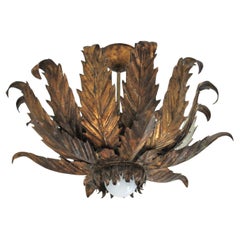 French Sunburst Foliage Ceiling Light Fixture / Chandelier in Gilt Iron, 1940s