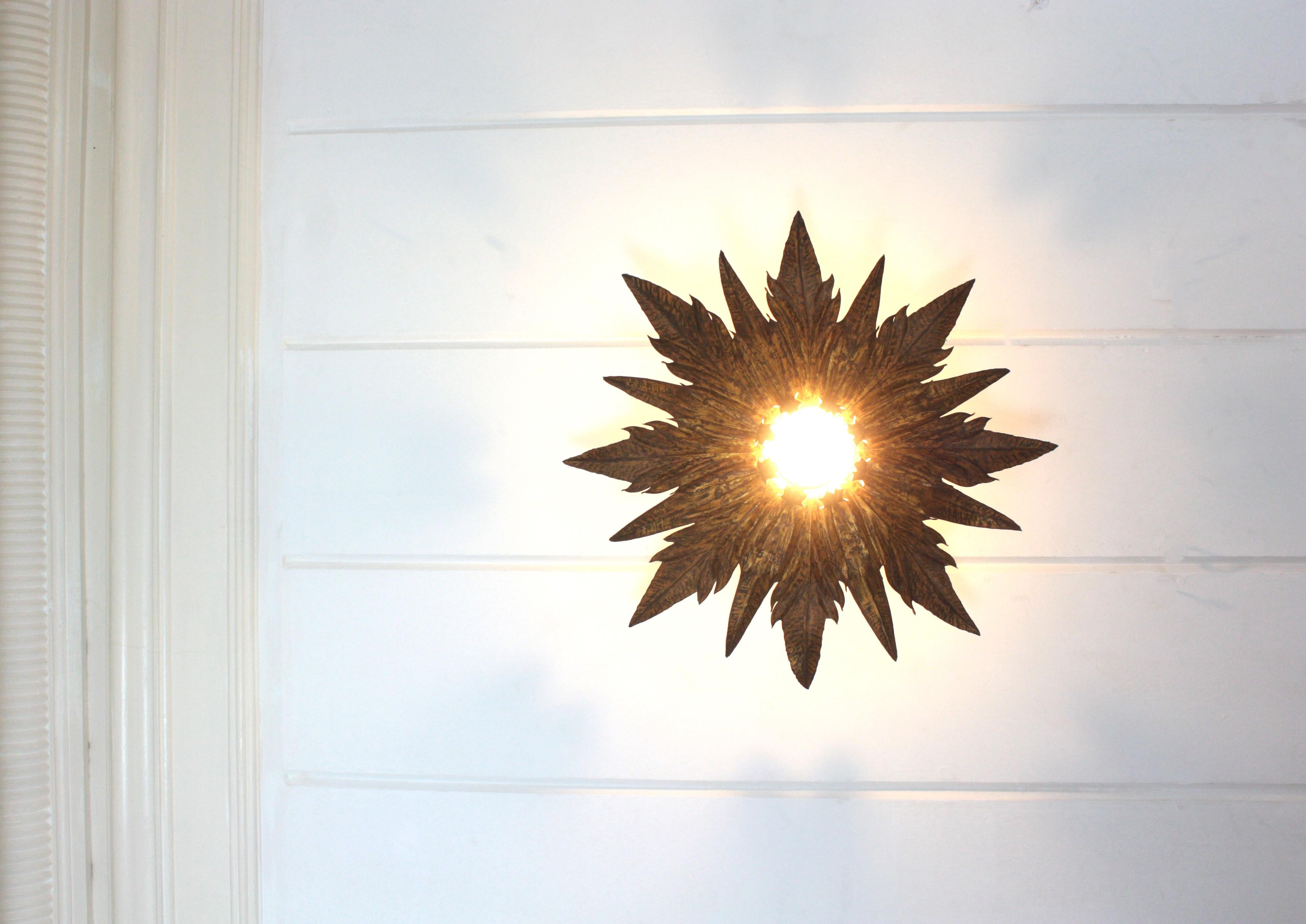 French Sunburst Foliage Flush Mount Light Fixture / Pendant in Gilt Metal For Sale 8