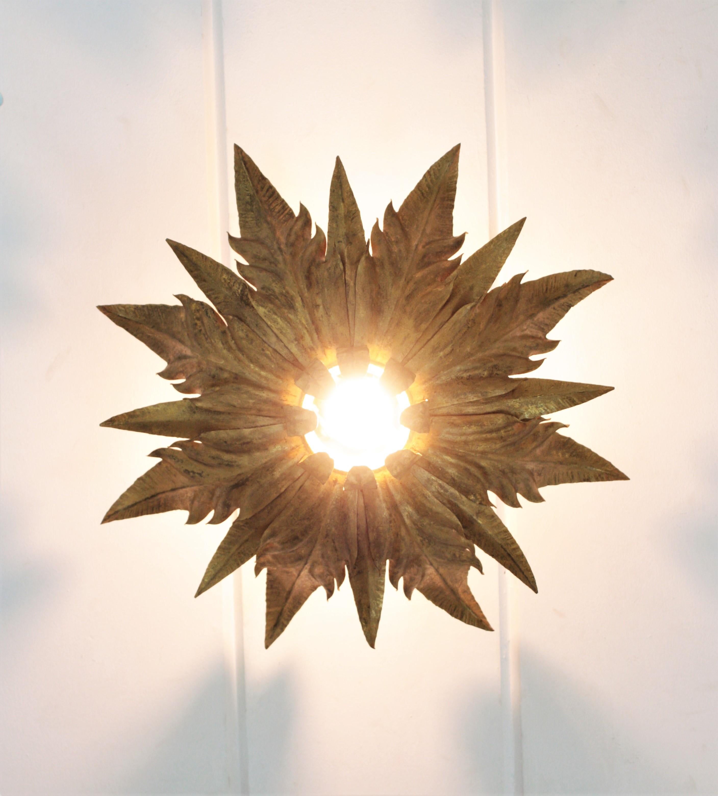 French Sunburst Foliage Flush Mount Light Fixture / Pendant in Gilt Metal 10