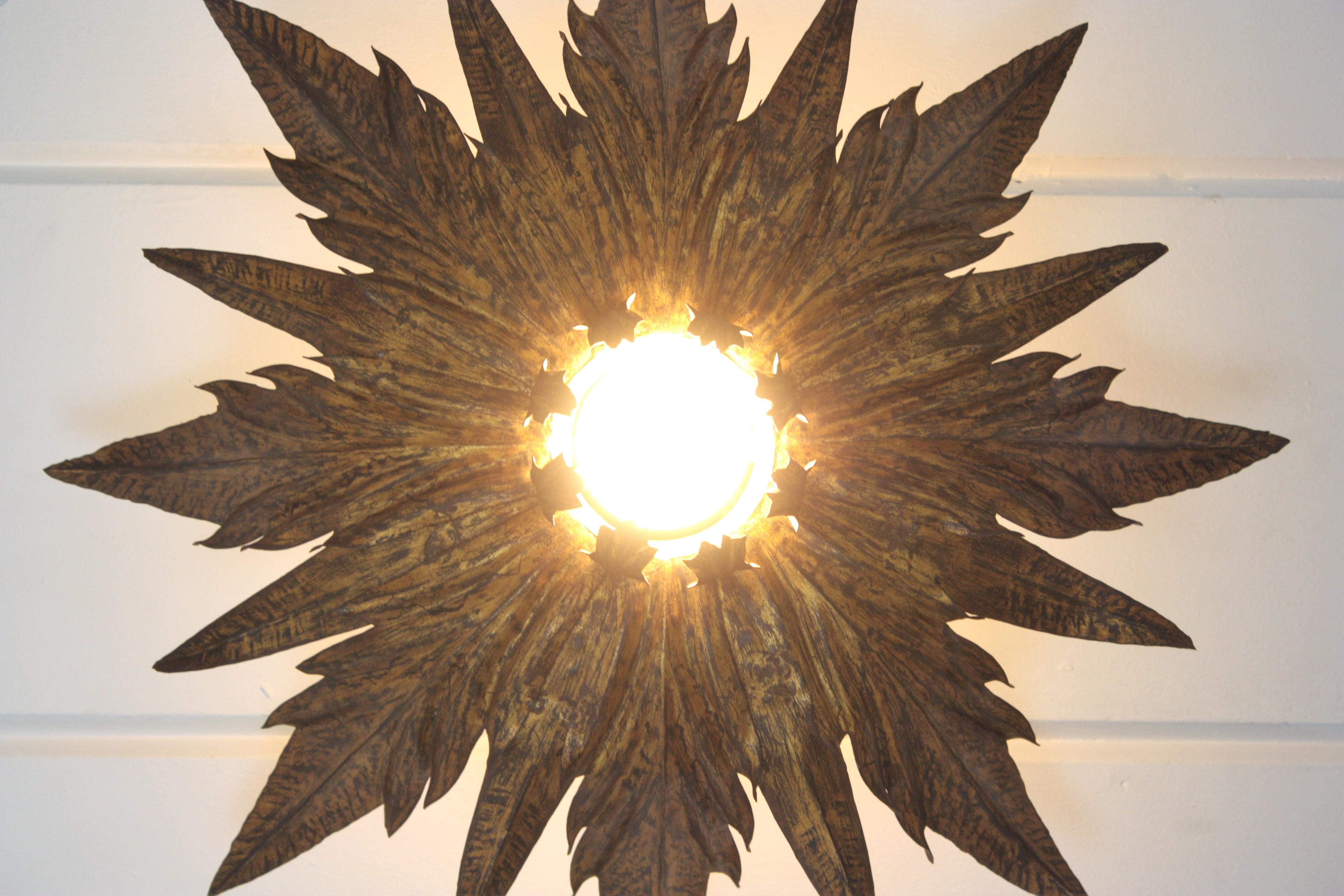 French Sunburst Foliage Flush Mount Light Fixture / Pendant in Gilt Metal For Sale 10