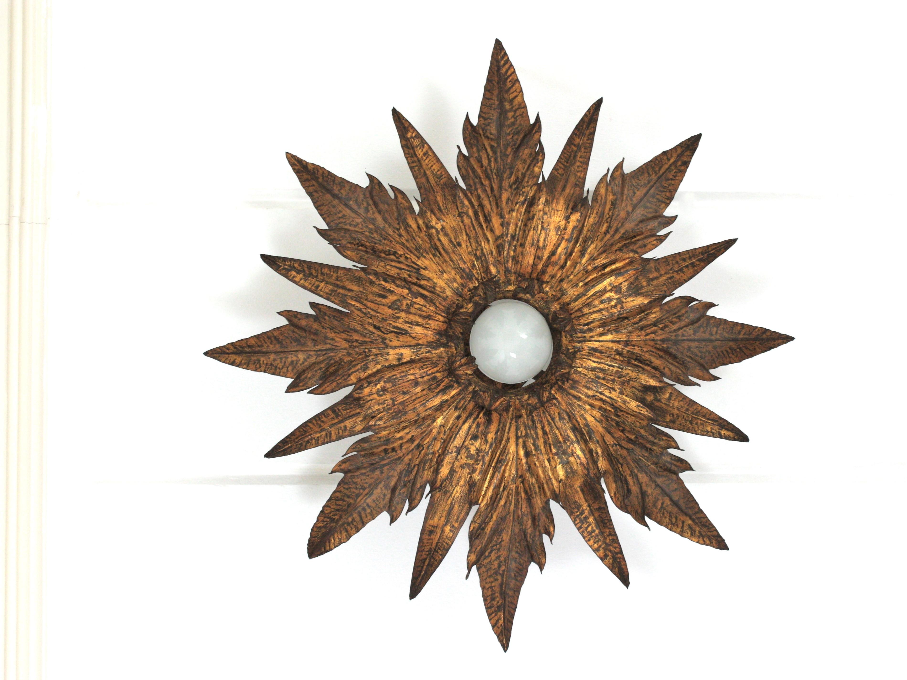 French Sunburst Foliage Flush Mount Light Fixture / Pendant in Gilt Metal For Sale 1