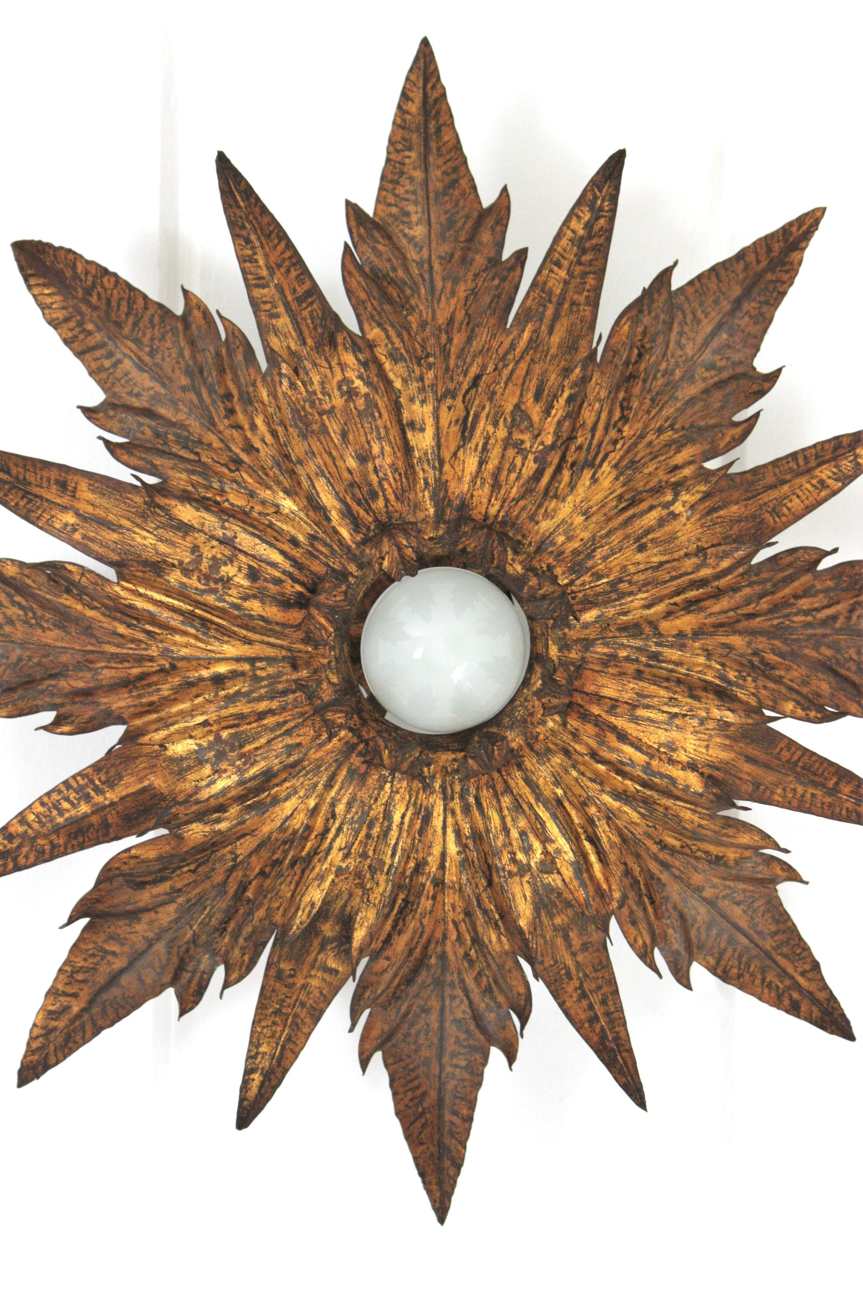 French Sunburst Foliage Flush Mount Light Fixture / Pendant in Gilt Metal For Sale 3