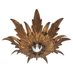 French Sunburst Foliage Flush Mount Light Fixture / Pendant in Gilt Metal