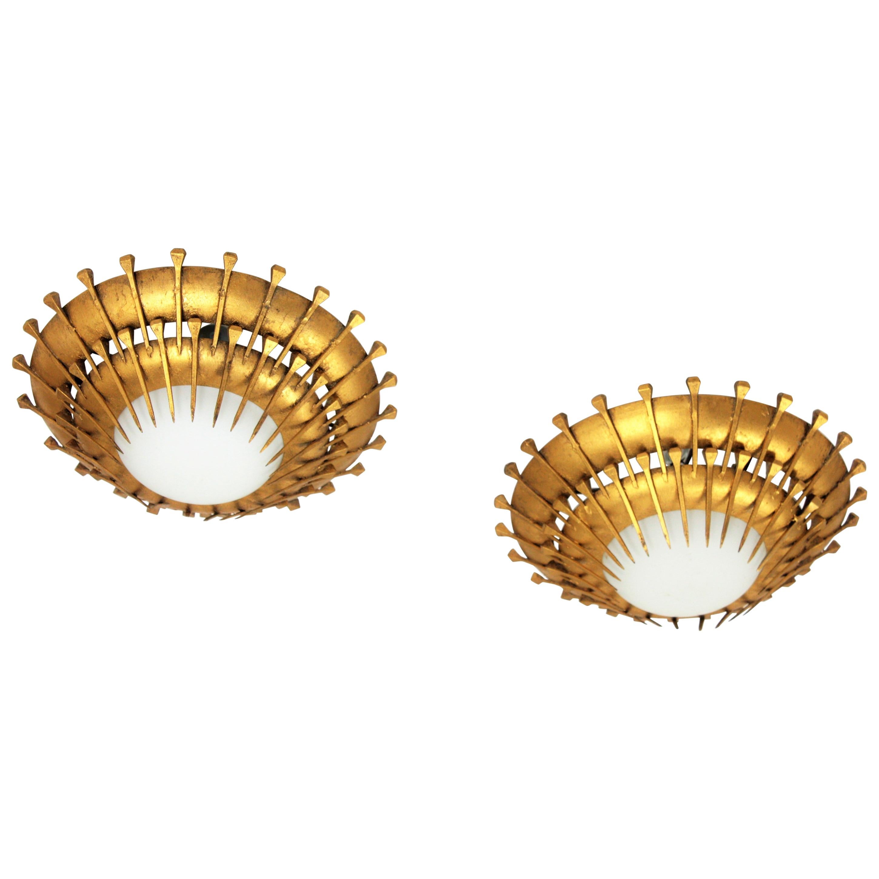 French Sunburst Gilt Iron and Milk Glass Light Fixtures with Nails Design, Pair