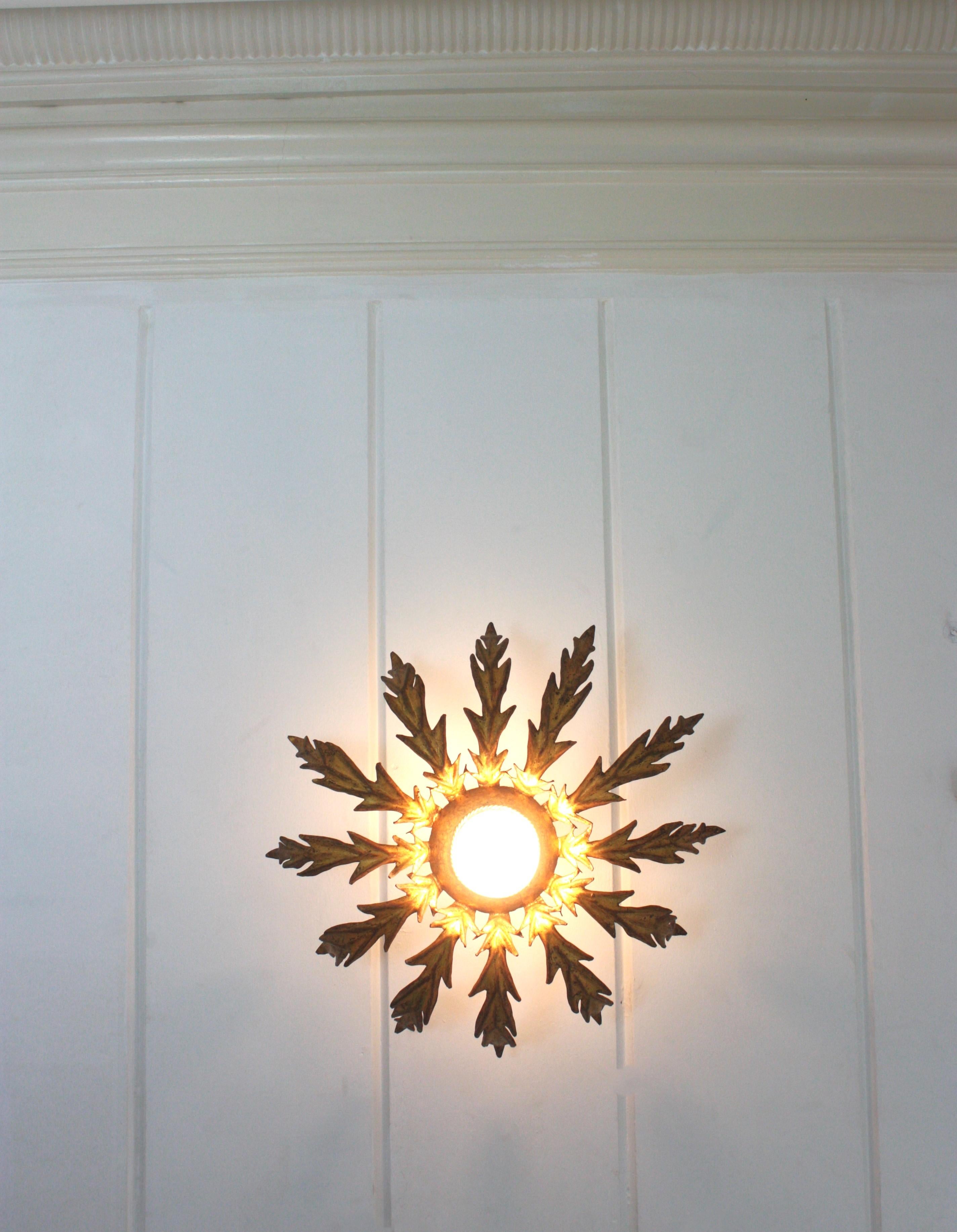 French Sunburst Leafed Ceiling Light Fixture in Gilt Iron, 1940s For Sale 5