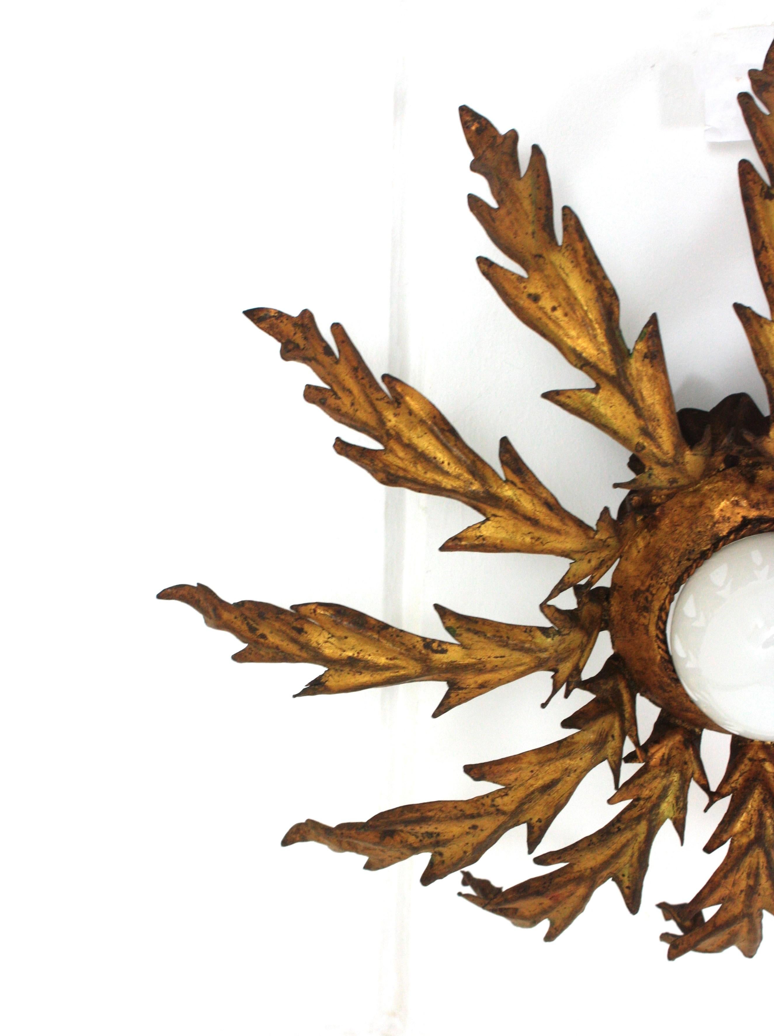 French Sunburst Leafed Ceiling Light Fixture in Gilt Iron, 1940s For Sale 7
