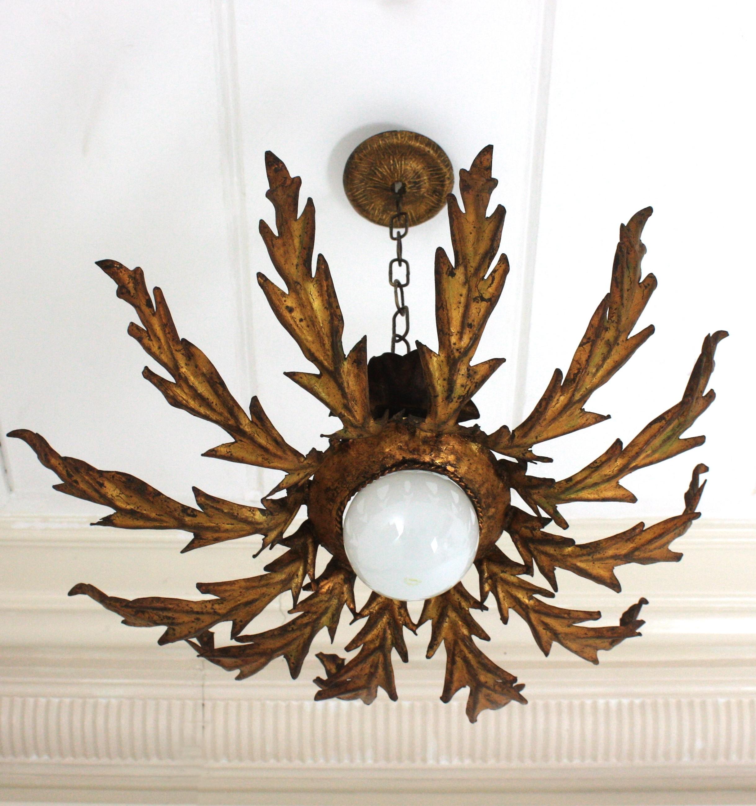French Sunburst Leafed Ceiling Light Fixture in Gilt Iron, 1940s For Sale 11