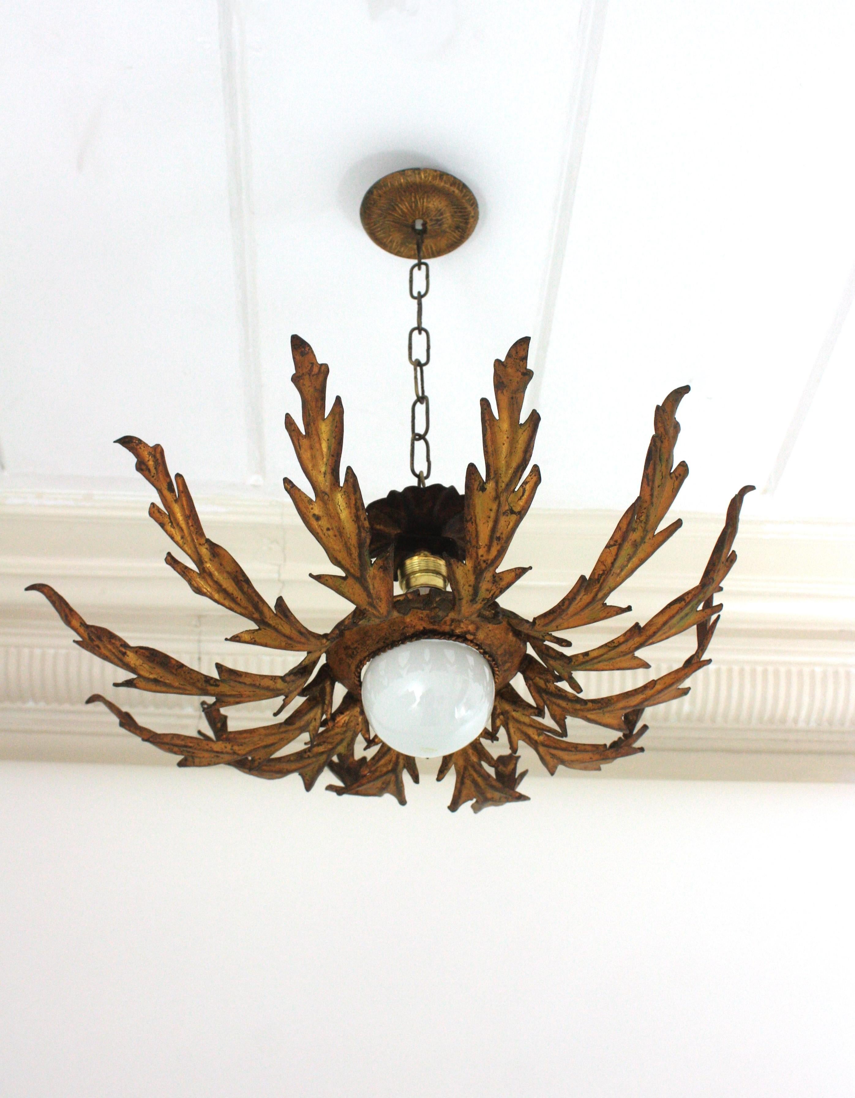Hollywood Regency French Sunburst Leafed Ceiling Light Fixture in Gilt Iron, 1940s For Sale