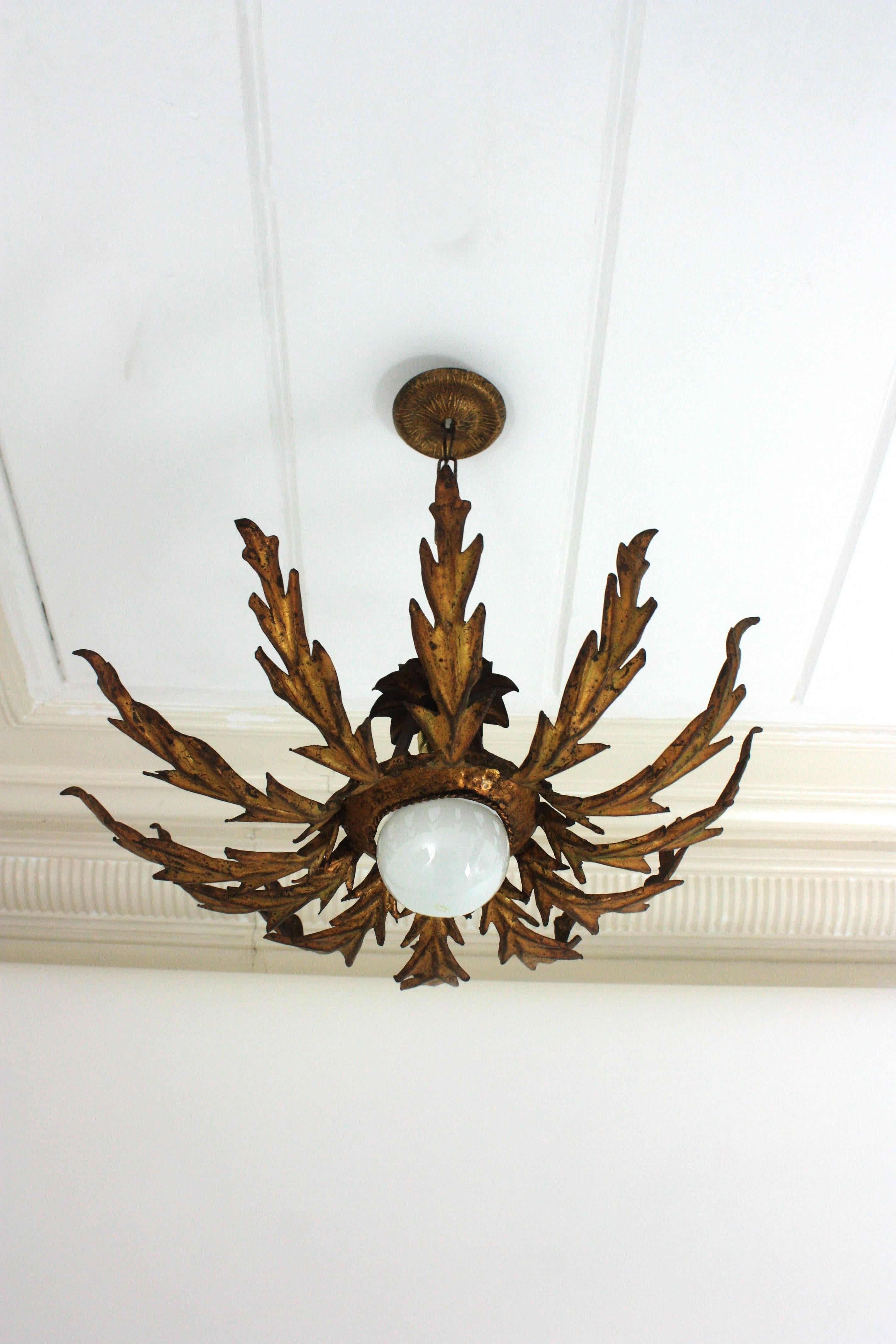Metal French Sunburst Leafed Ceiling Light Fixture in Gilt Iron, 1940s For Sale
