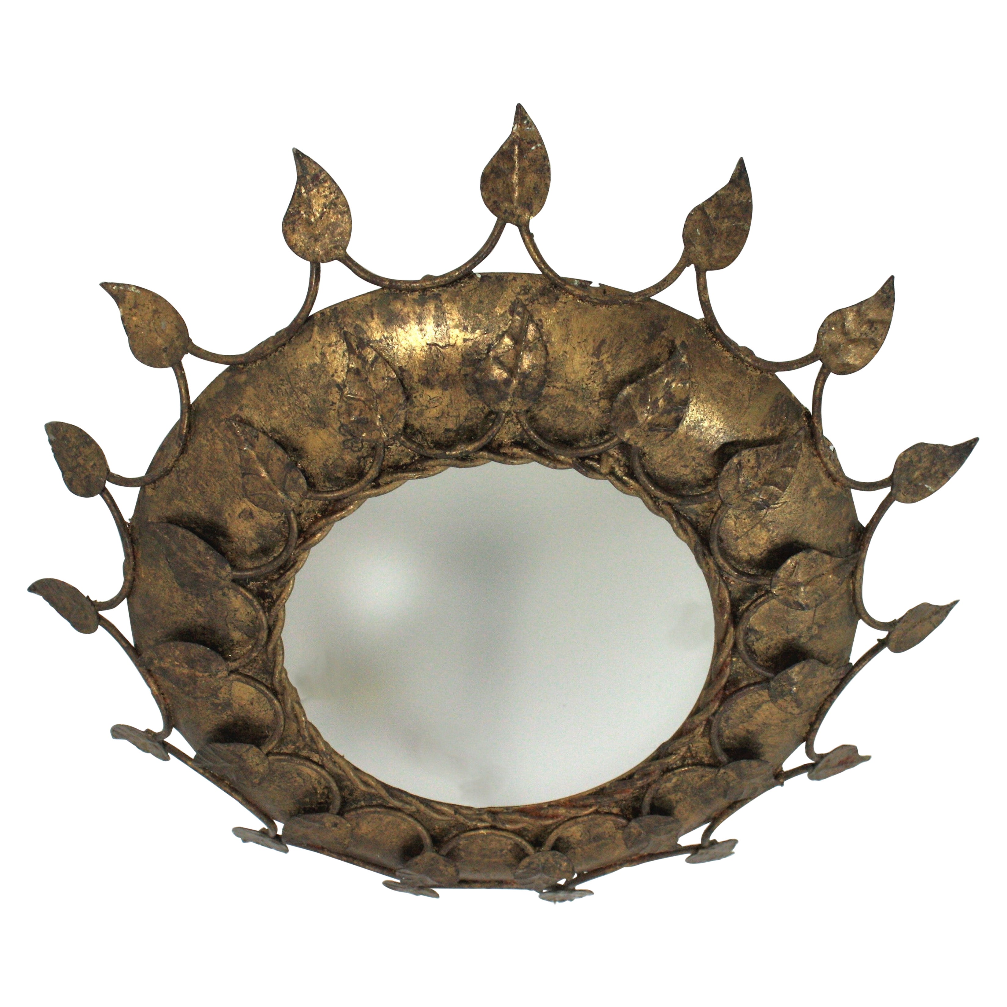 French Sunburst Leaves Light Fixture in Gilt Iron, 1950s