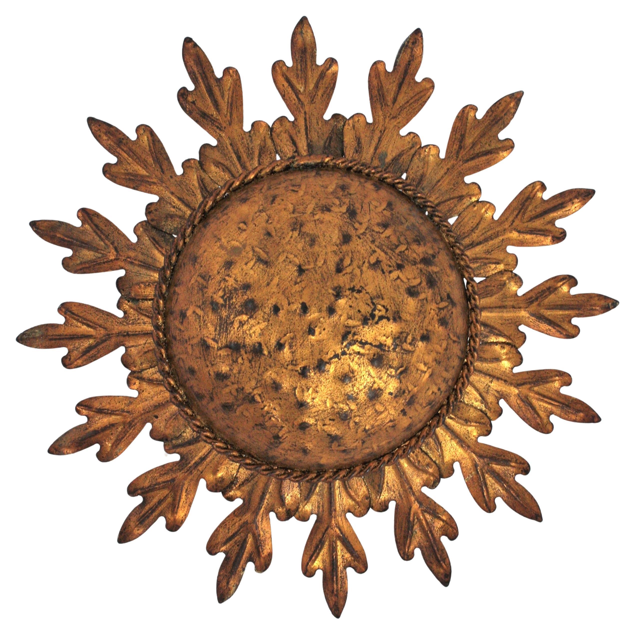 French Sunburst Light Fixture / Flush Mount in Gilt Iron, 1940s