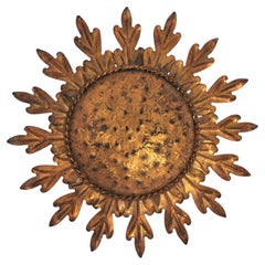 French Sunburst Light Fixture / Flush Mount in Gilt Iron, 1940s