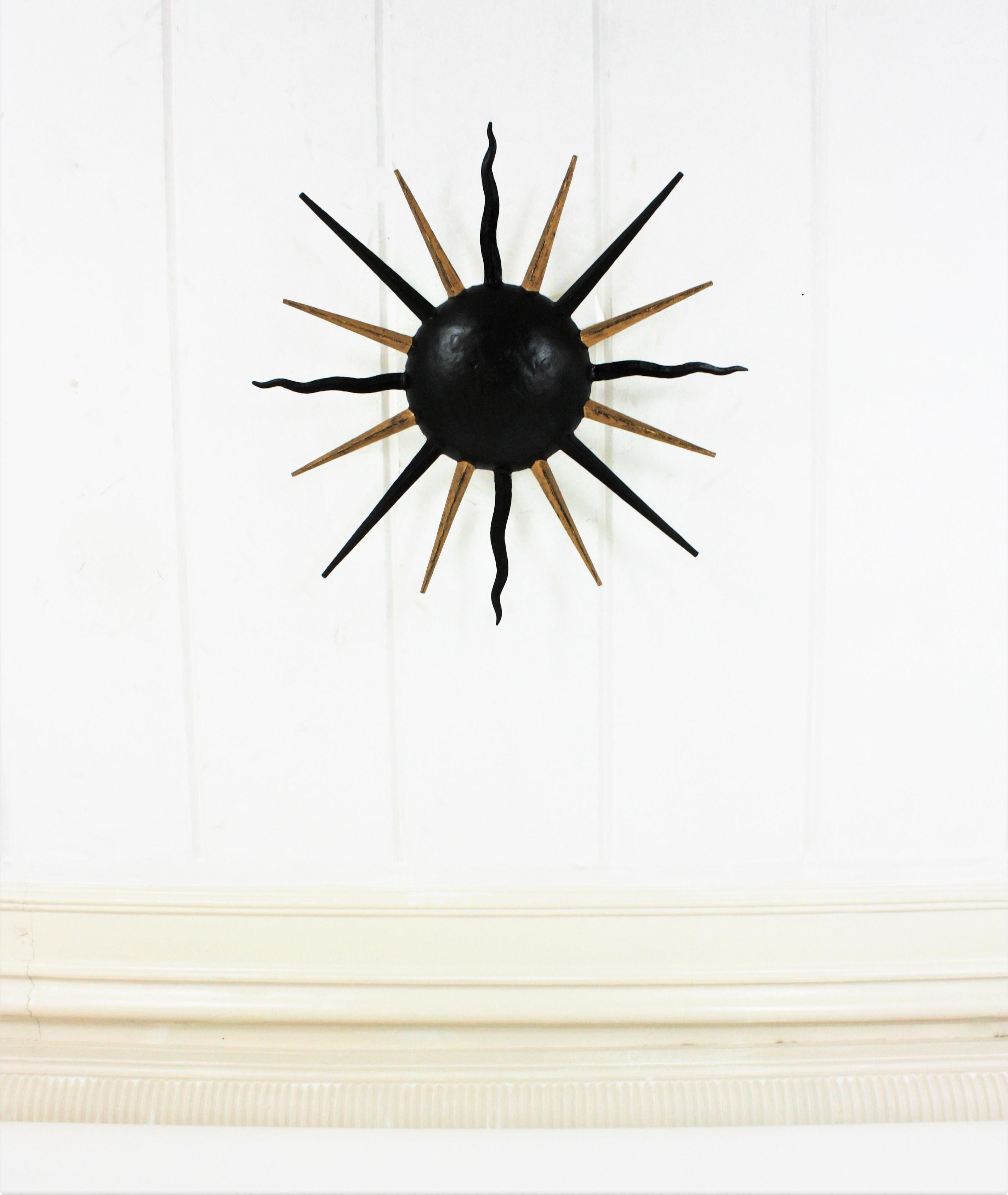 French Sunburst Light Fixture in Black and Gilt Iron, Gilbert Poillerat Style For Sale 5