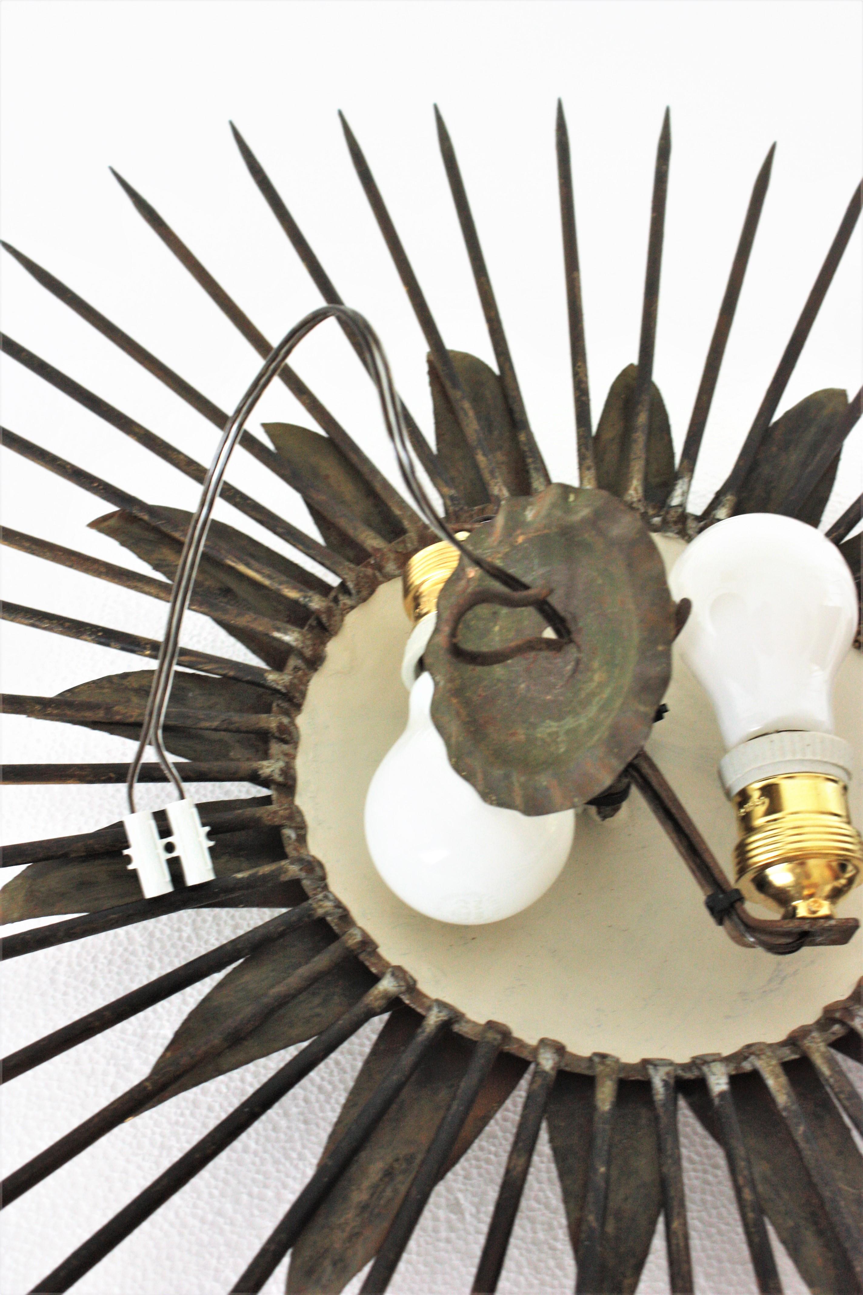 French Sunburst Light Fixture in Gilt Iron with Nail Detail, 1940s For Sale 11