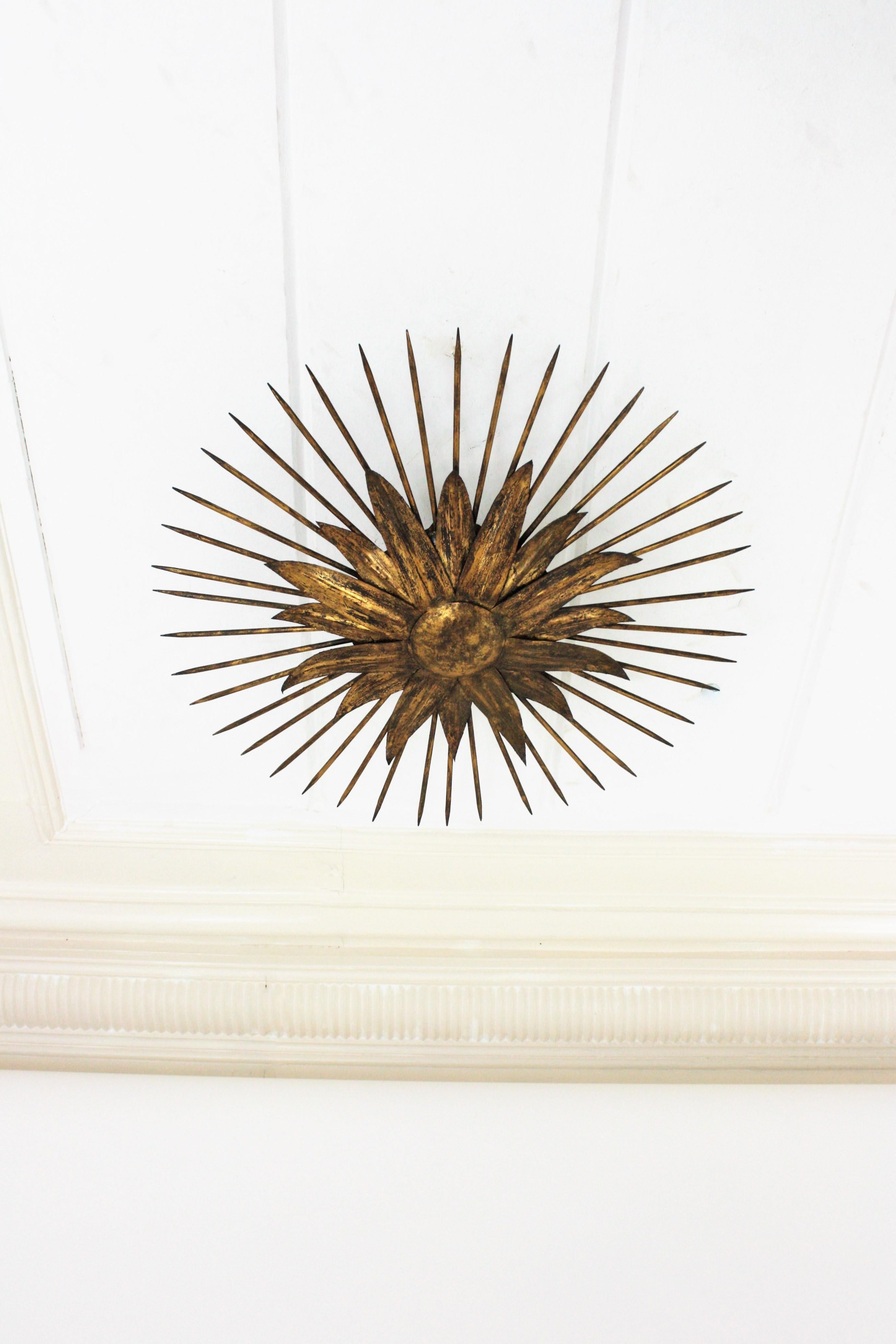 20th Century French Sunburst Light Fixture in Gilt Iron with Nail Detail, 1940s For Sale