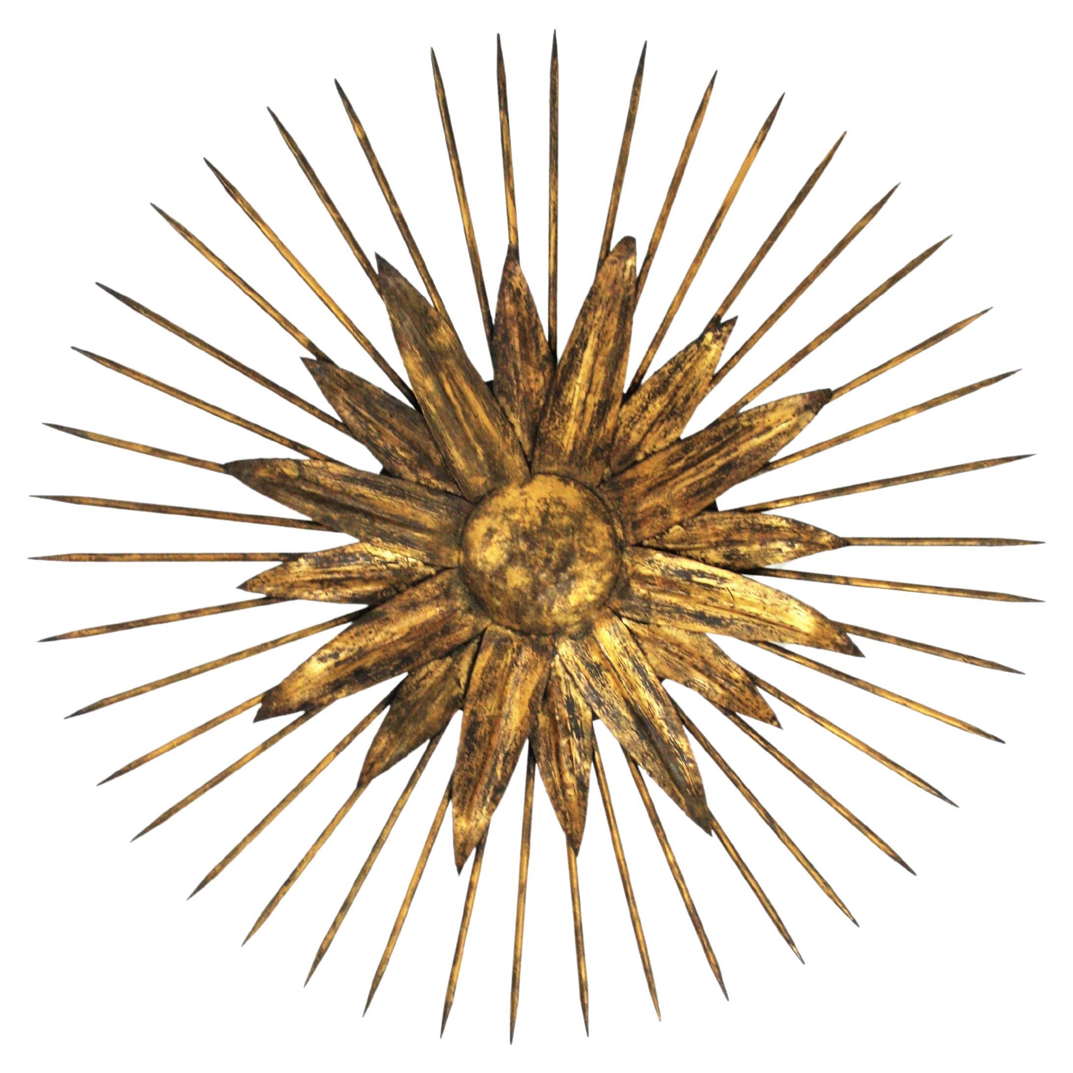 French Sunburst Light Fixture in Gilt Iron with Nail Detail, 1940s For Sale
