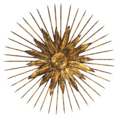 French Sunburst Light Fixture in Gilt Iron with Nail Detail, 1940s