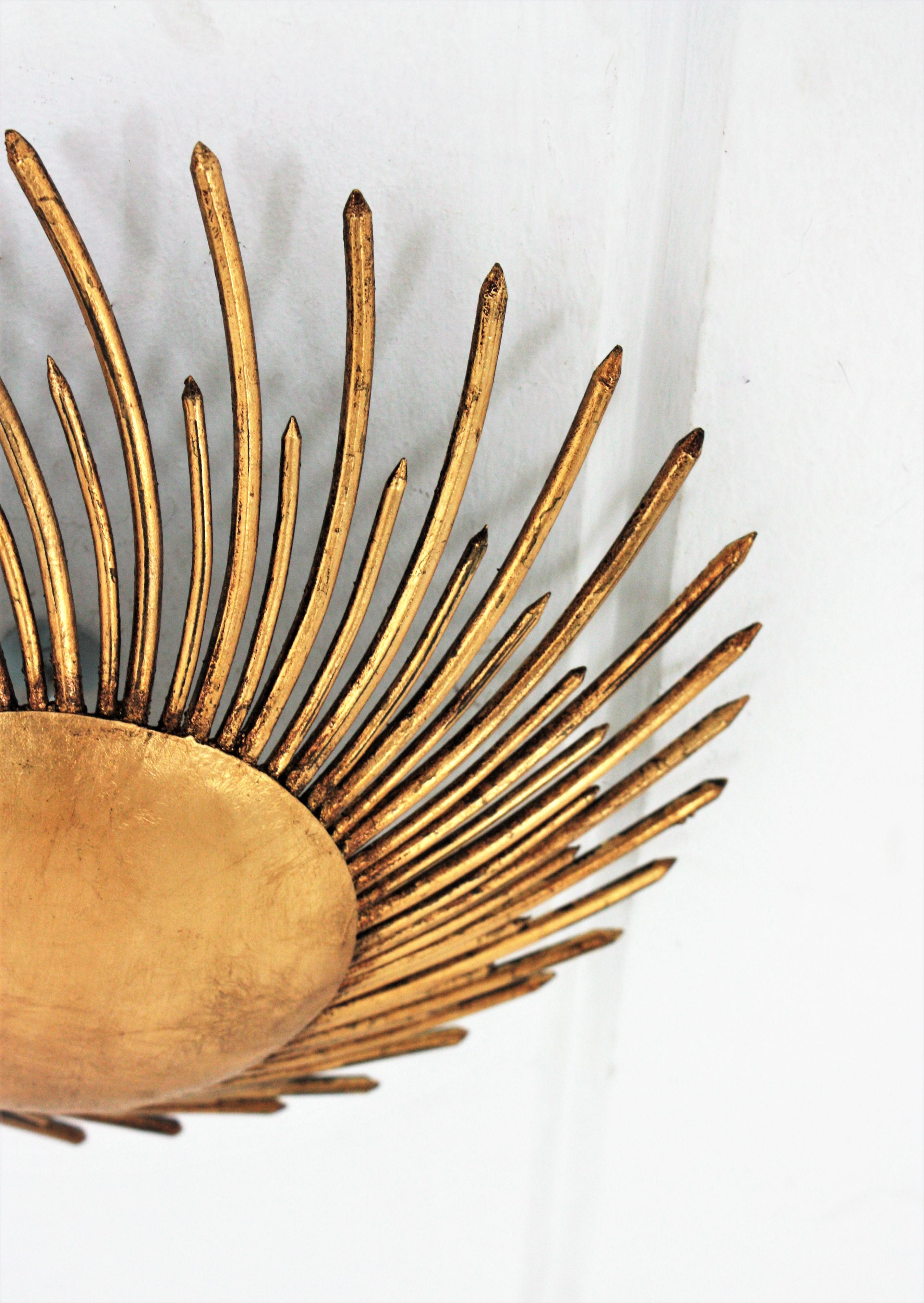 French Sunburst Light Fixture in Gilt Iron with Twisted Nails 3