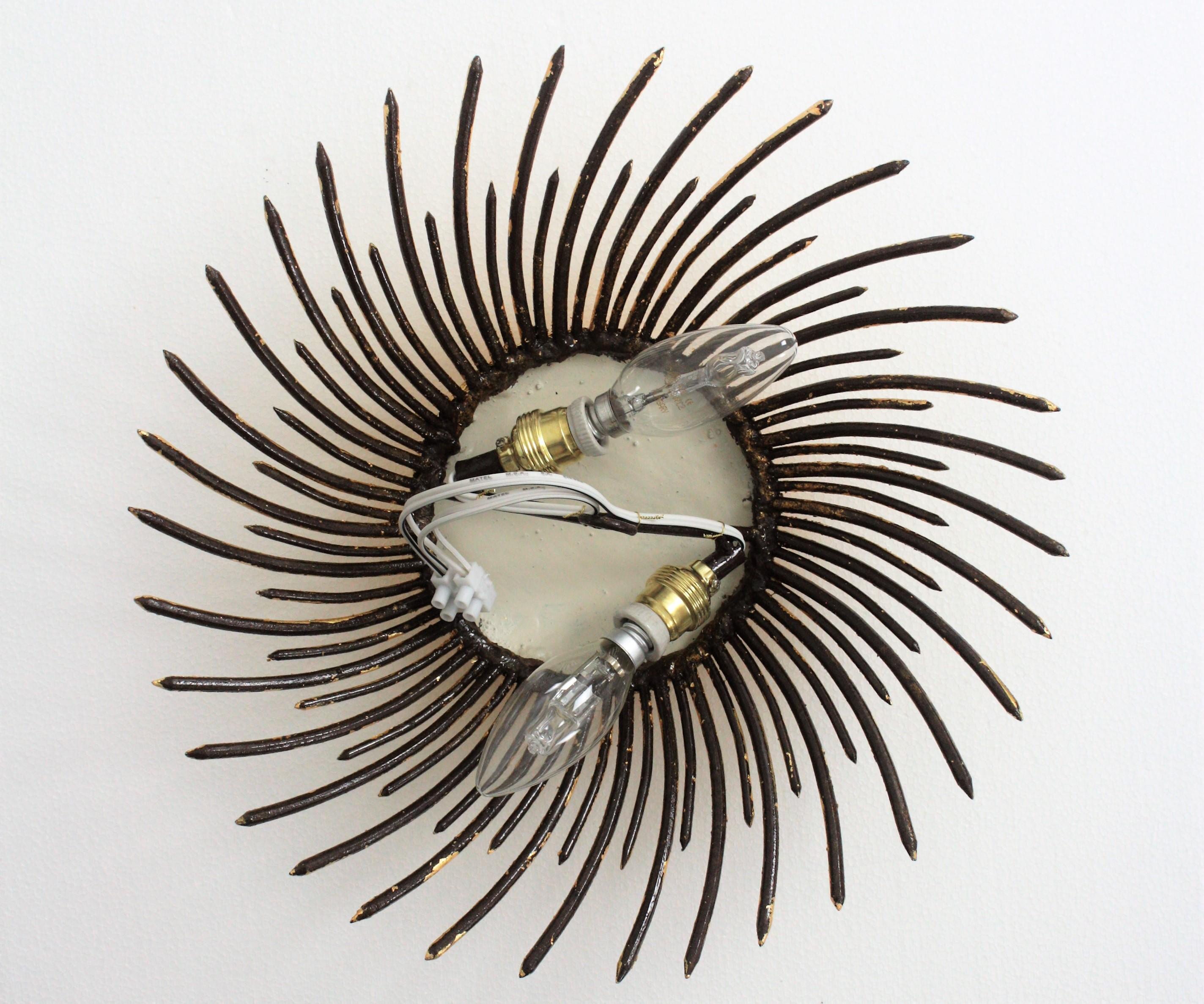 French Sunburst Light Fixture in Gilt Iron with Twisted Nails 5