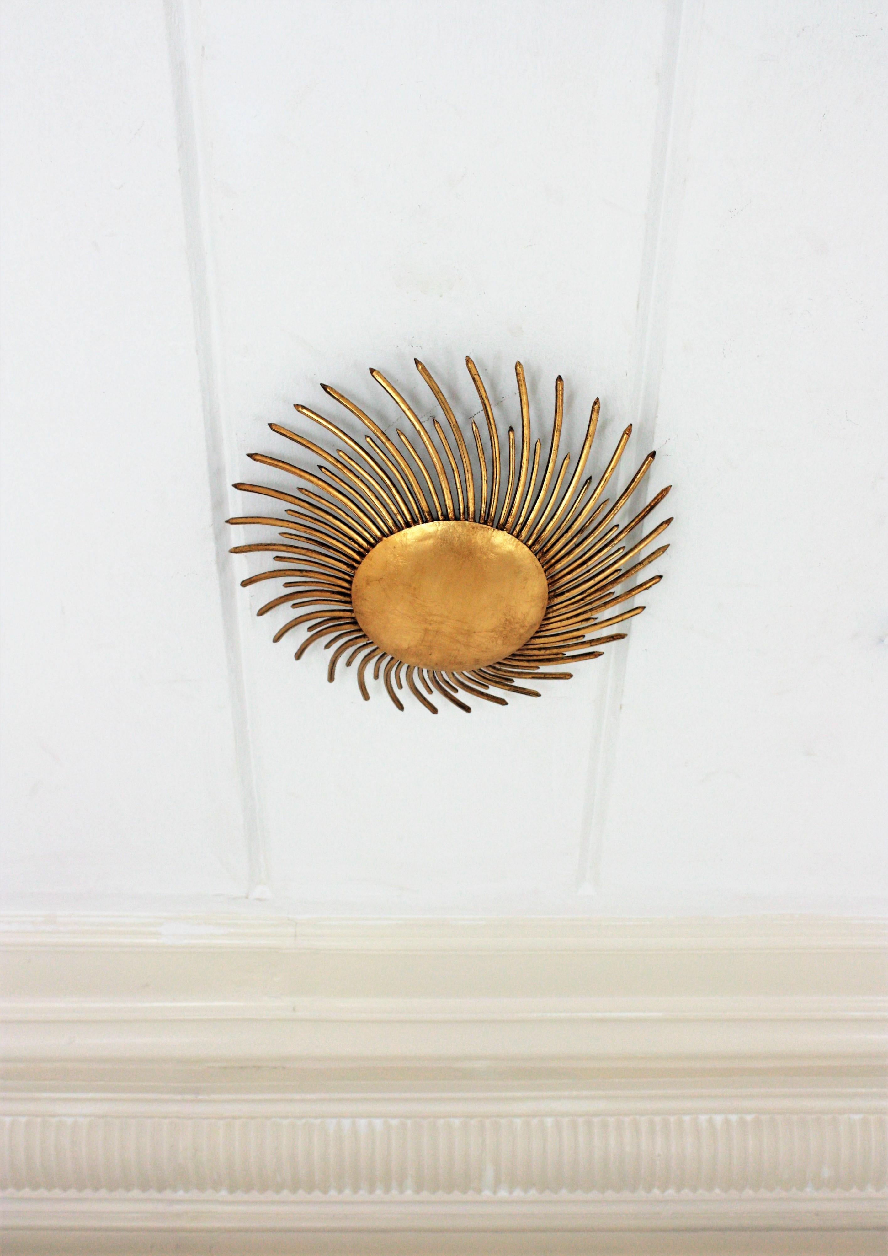 Art Deco French Sunburst Light Fixture in Gilt Iron with Twisted Nails
