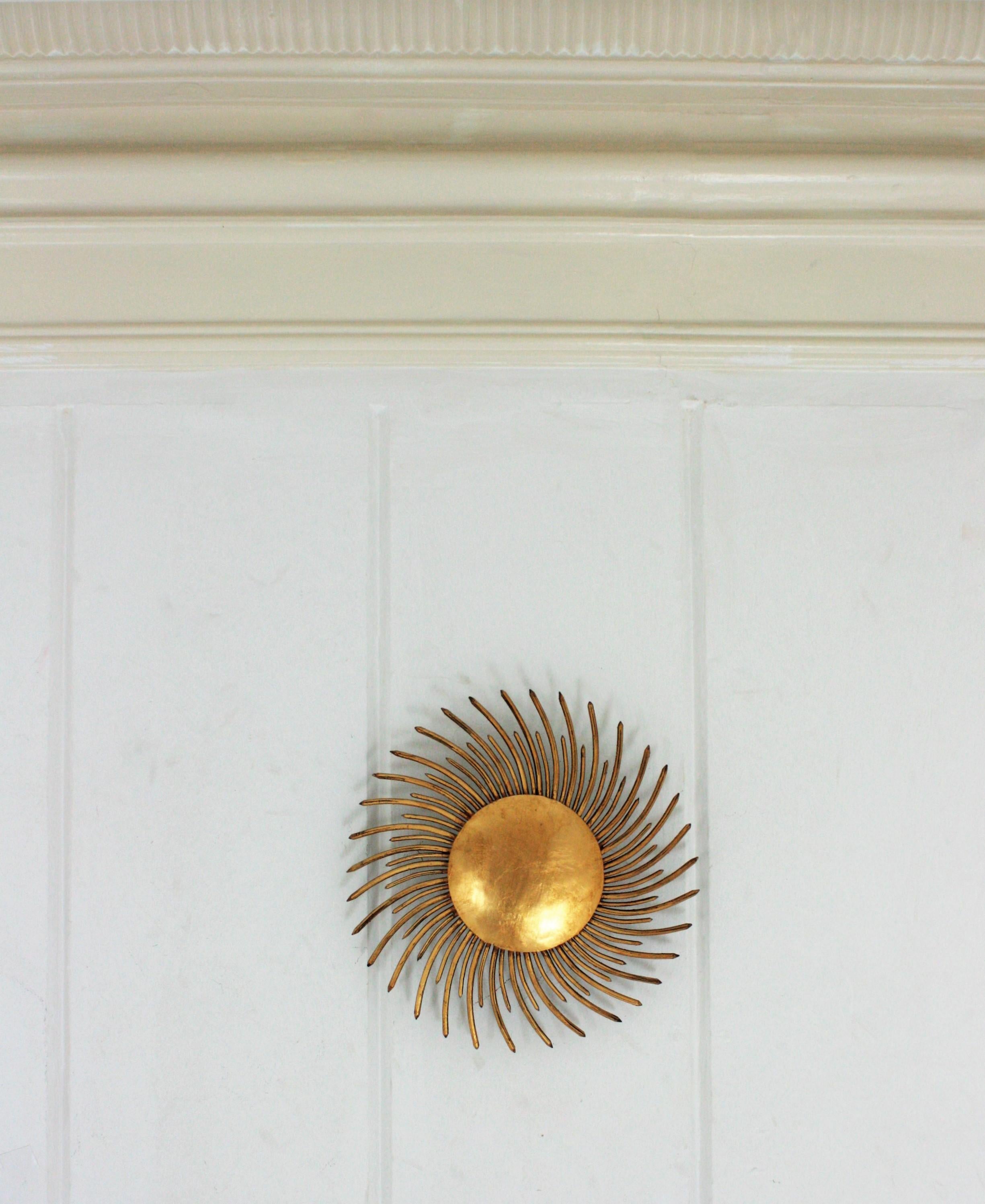 Hammered French Sunburst Light Fixture in Gilt Iron with Twisted Nails