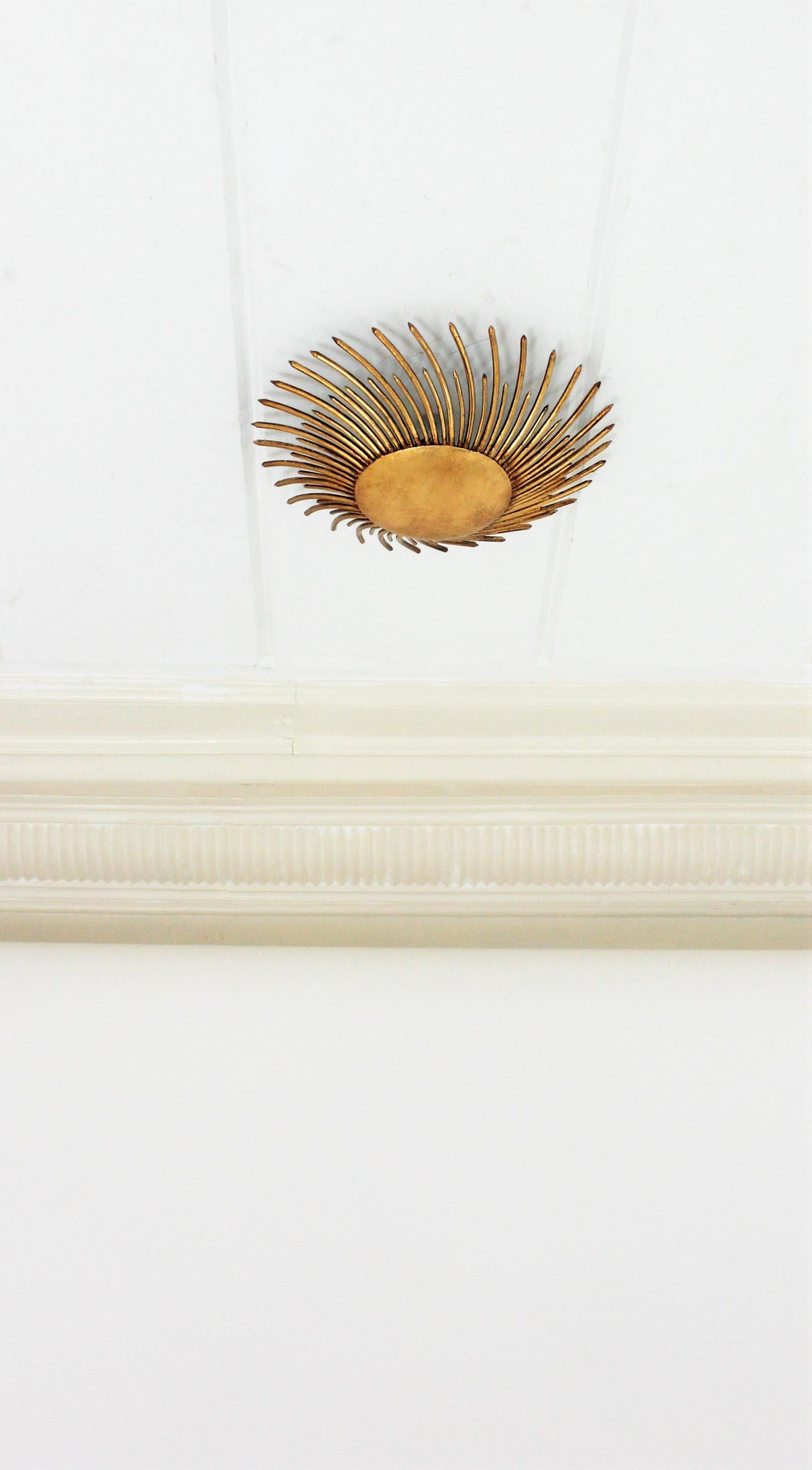 French Sunburst Light Fixture in Gilt Iron with Twisted Nails In Good Condition In Barcelona, ES