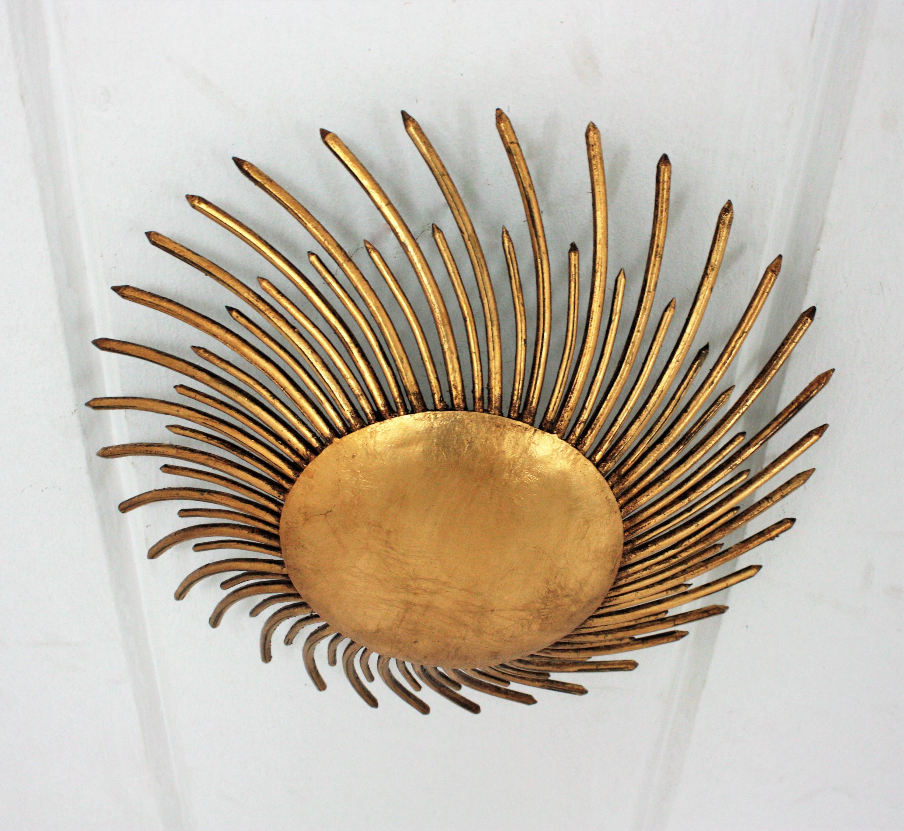 20th Century French Sunburst Light Fixture in Gilt Iron with Twisted Nails