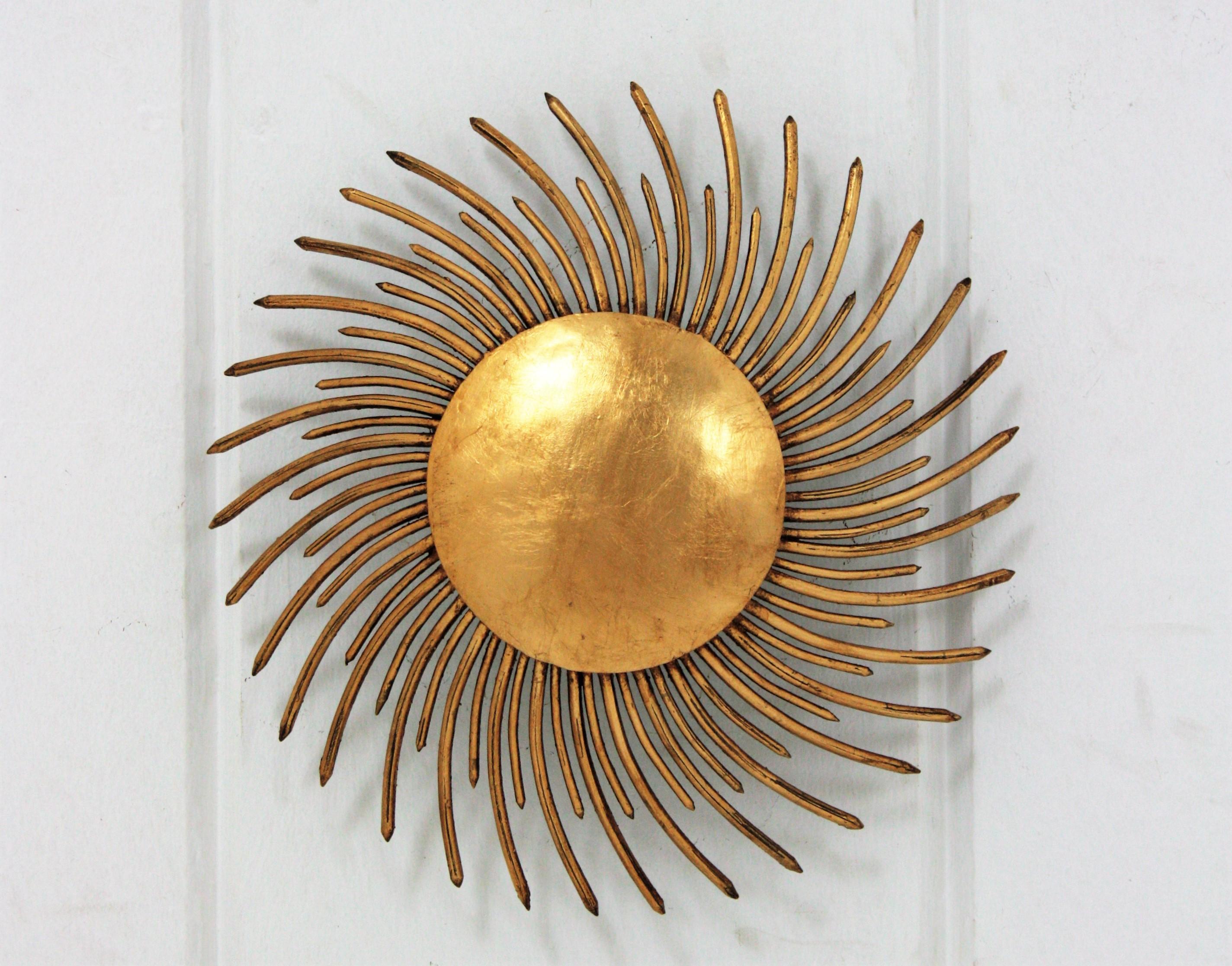 Wrought Iron French Sunburst Light Fixture in Gilt Iron with Twisted Nails