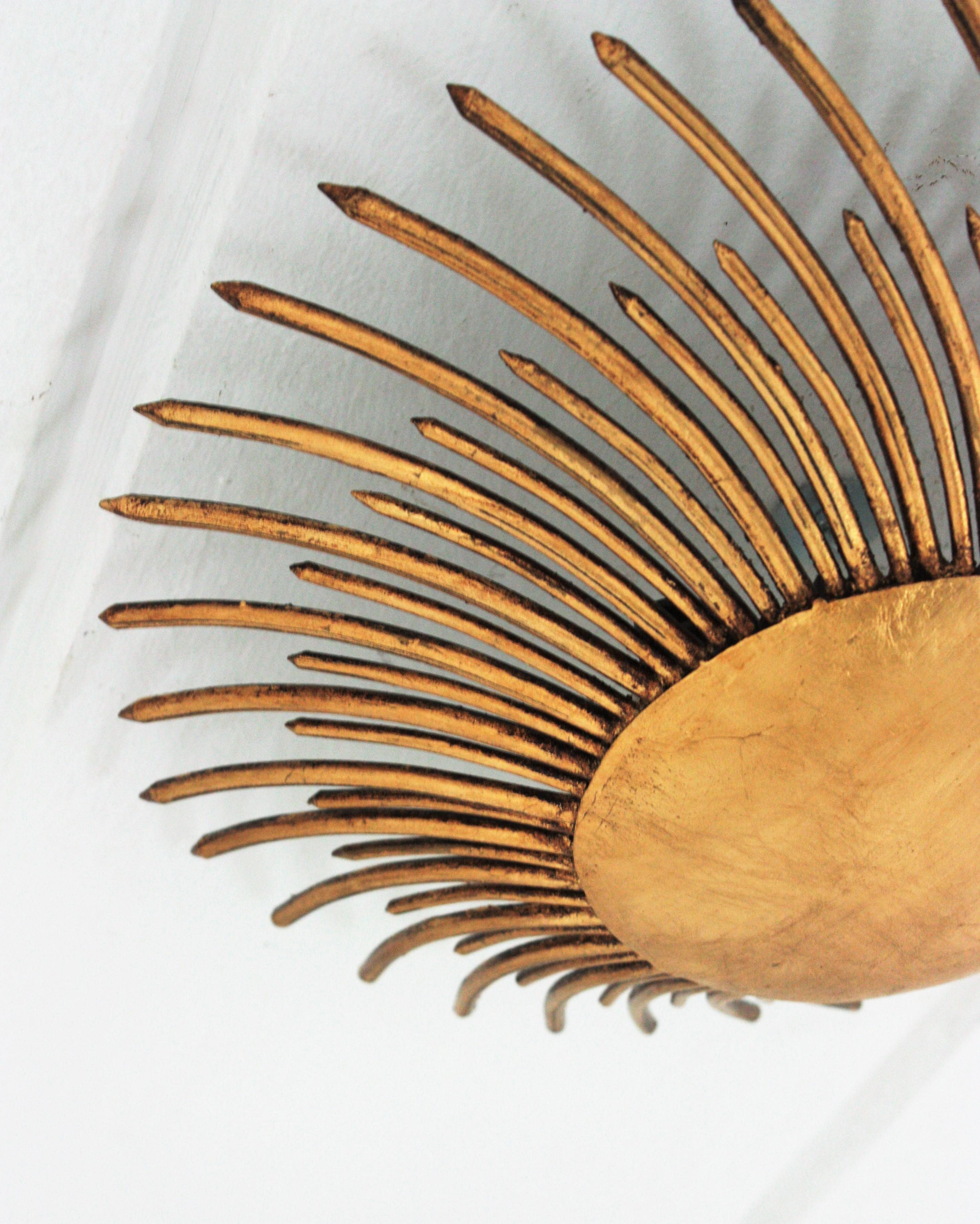 French Sunburst Light Fixture in Gilt Iron with Twisted Nails 2