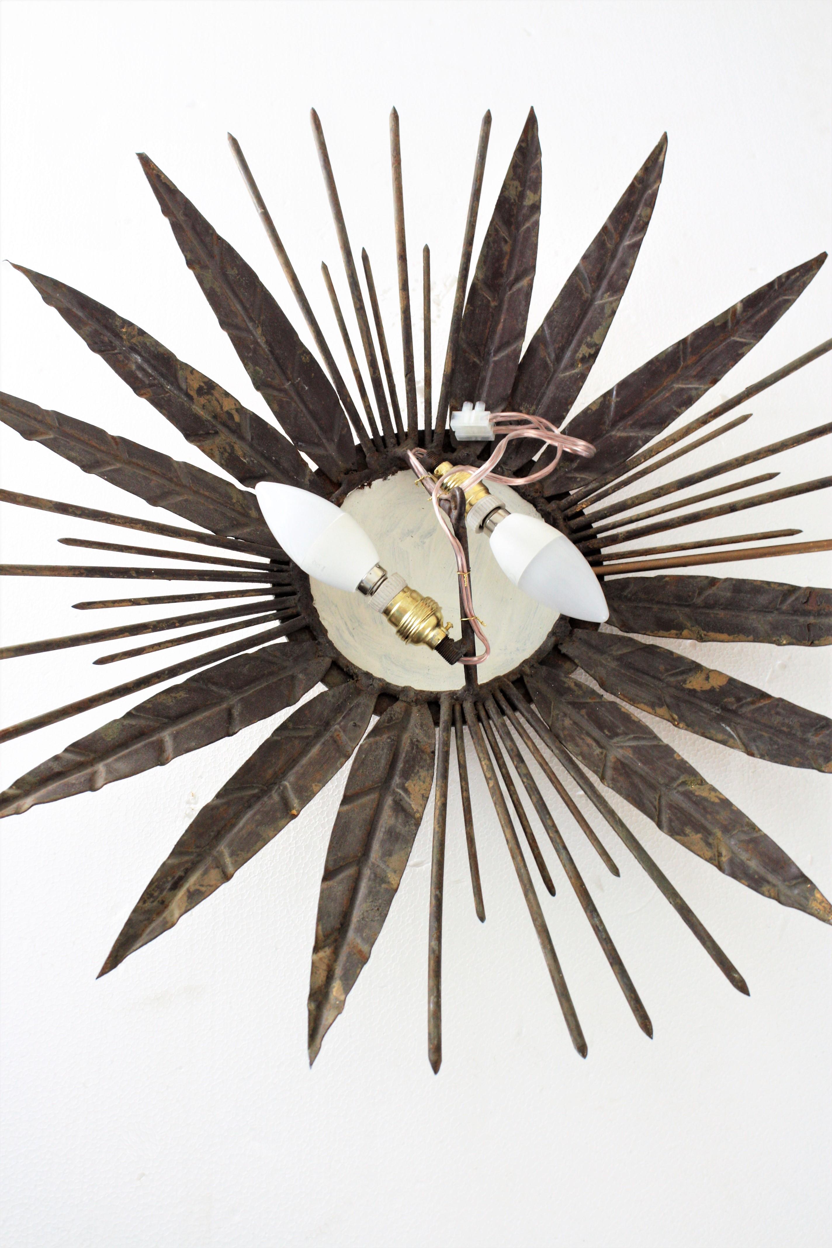 French Sunburst Spikey Light Fixture / Pendant in Gilt Iron, 1940s 5