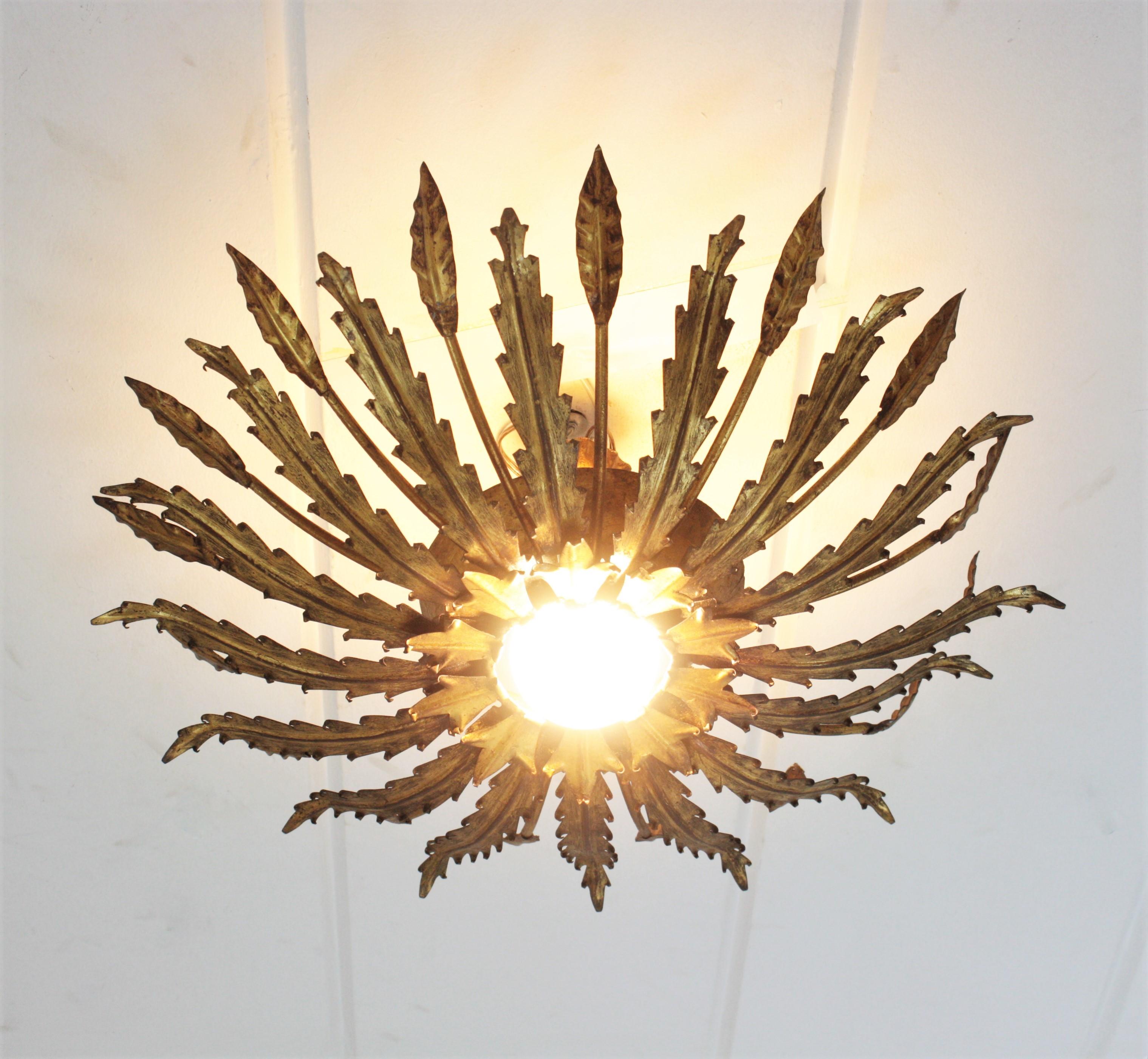 French Sunburst Light Fixture with Leaves Design, Gilt Iron 5