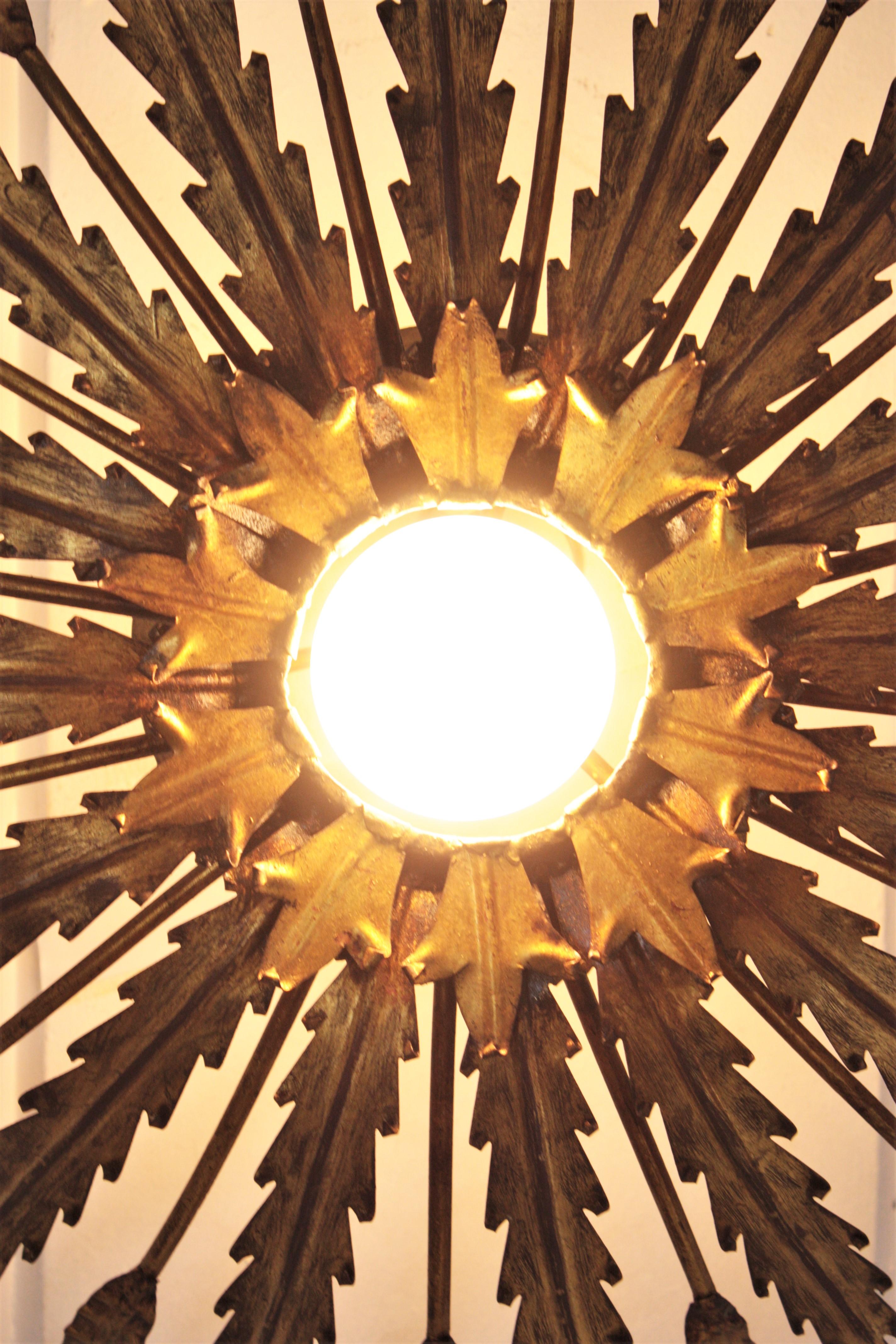 French Sunburst Light Fixture with Leaves Design, Gilt Iron 7