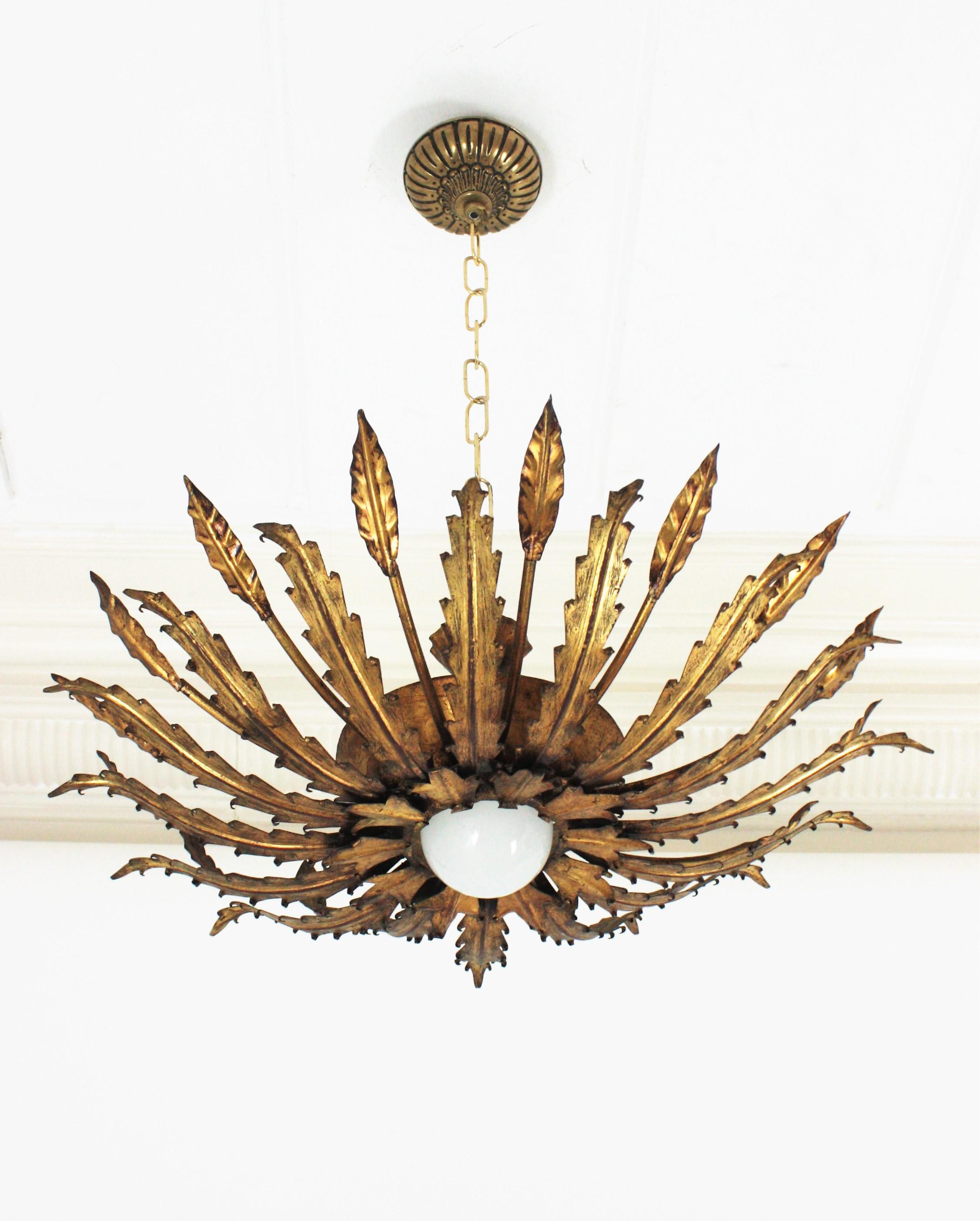 Hand-Crafted French Sunburst Light Fixture with Leaves Design, Gilt Iron