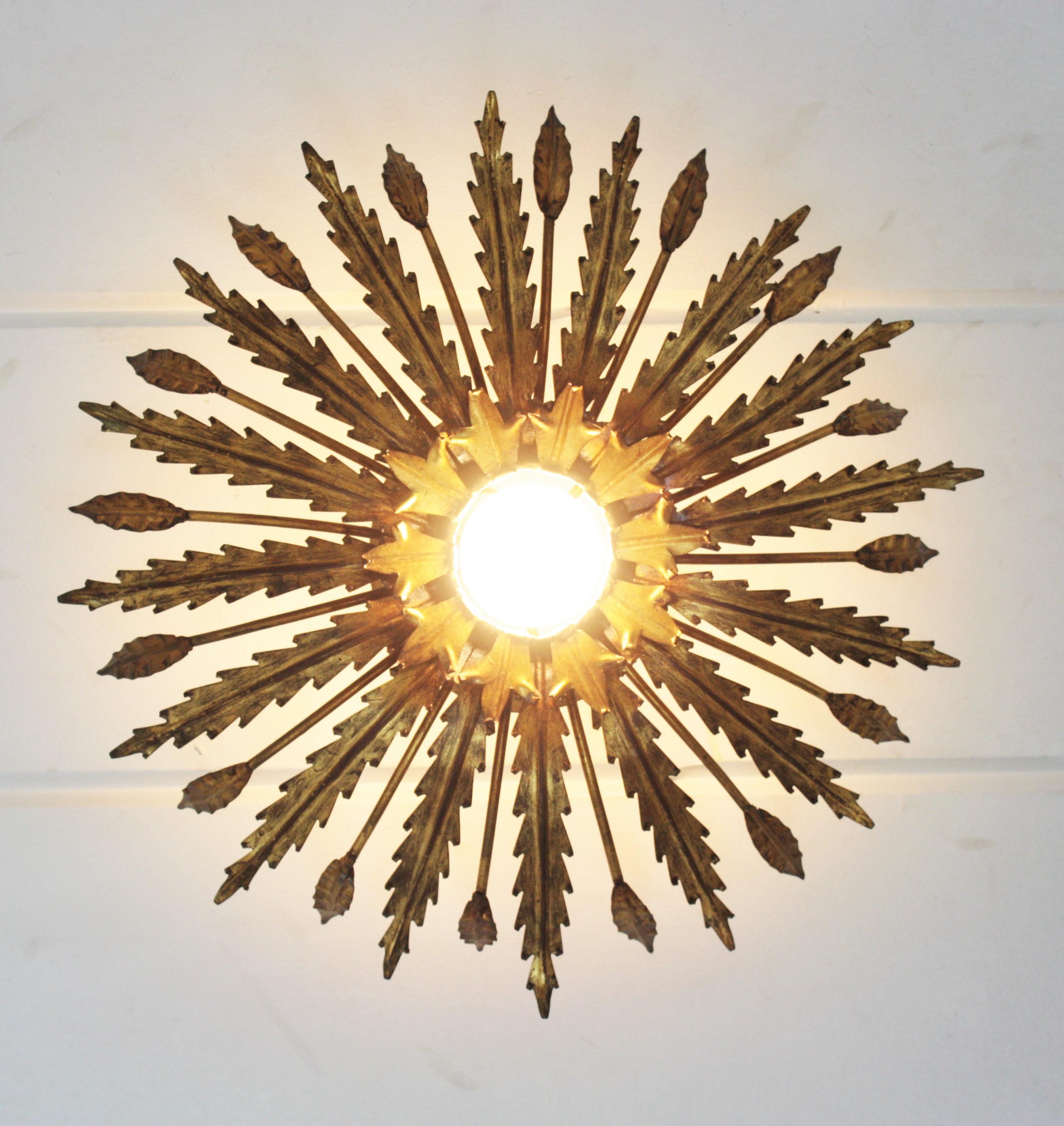 Mirror French Sunburst Light Fixture with Leaves Design, Gilt Iron