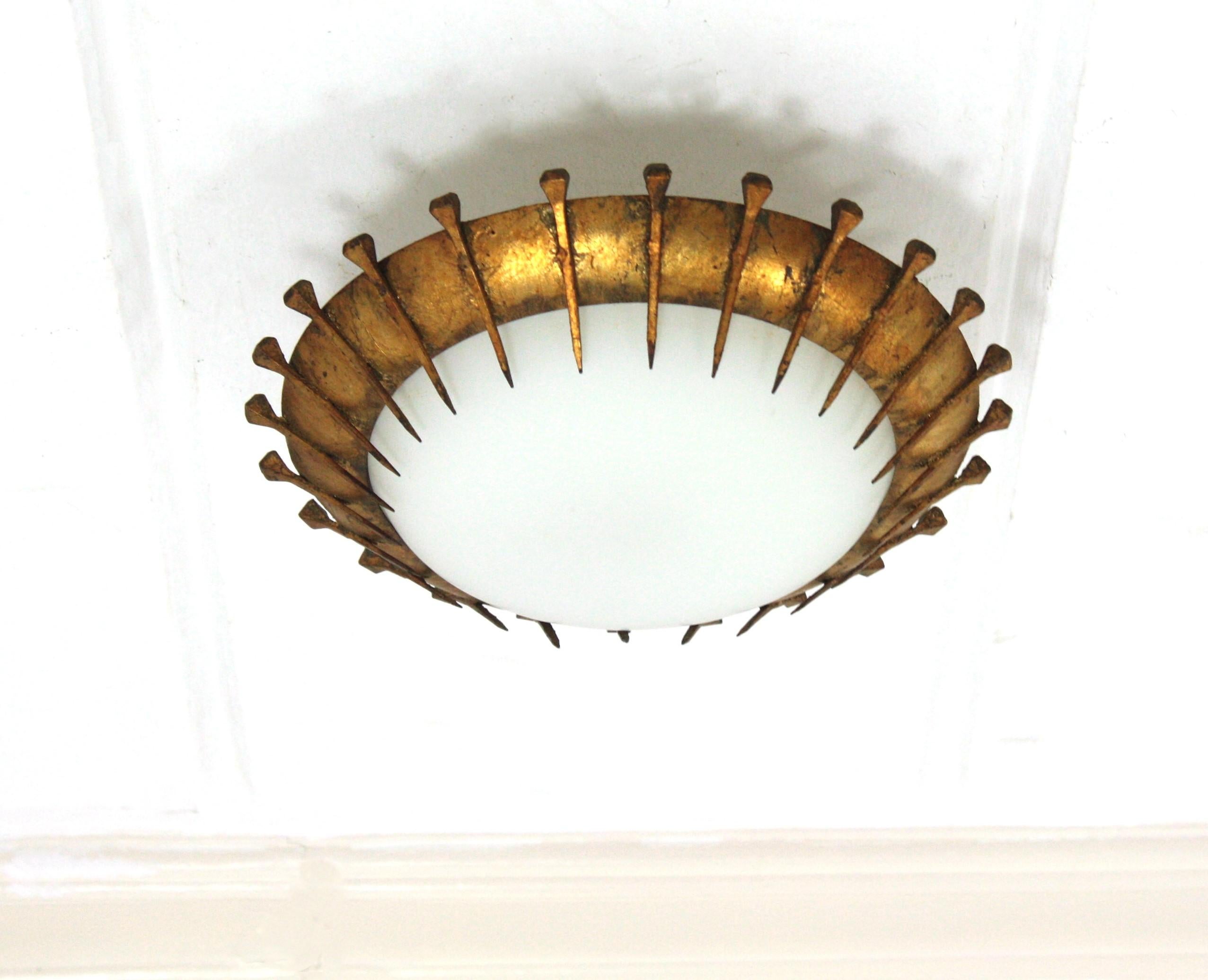 French Sunburst Light Fixture with Nail Design, Gilt Iron and Milk Glass  For Sale 5