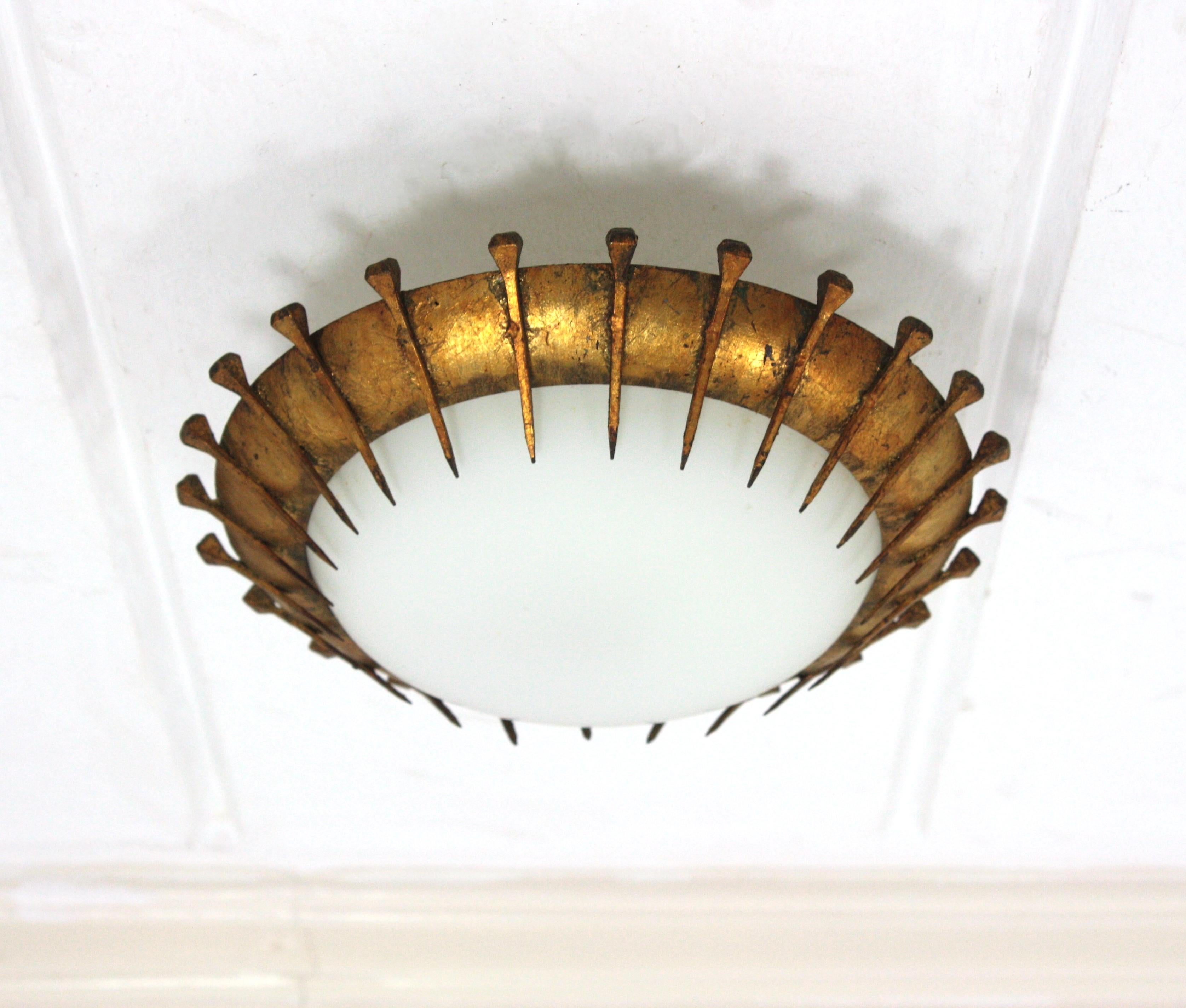 French Sunburst Light Fixture with Nail Design, Gilt Iron and Milk Glass  For Sale 7