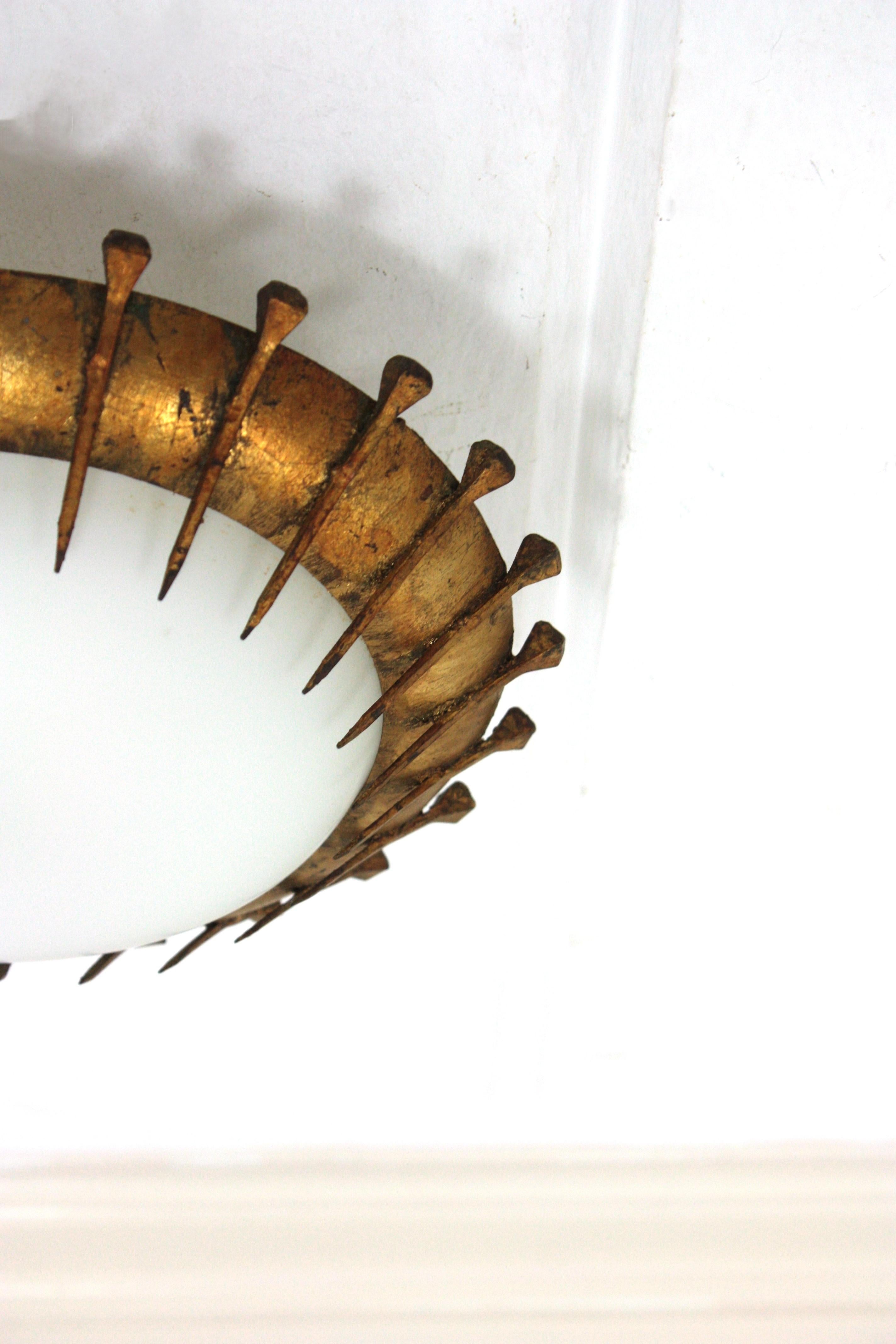 French Sunburst Light Fixture with Nail Design, Gilt Iron and Milk Glass For Sale 8